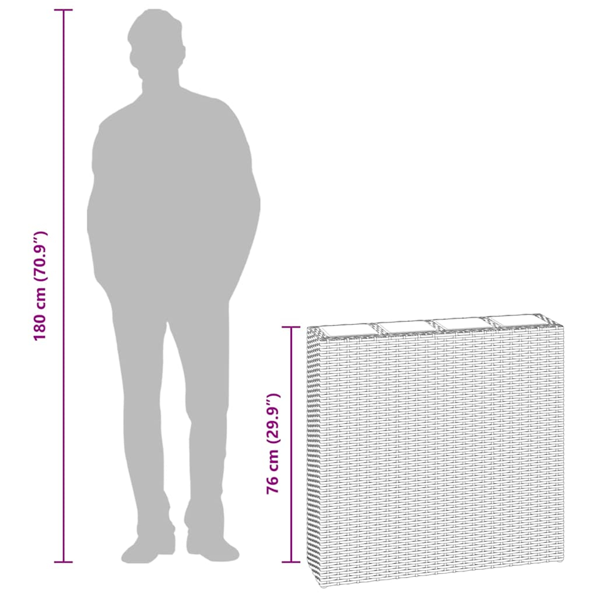 Eine Silhouette steht neben einem rechteckigen Korbgeflecht. Maße: 180 cm (70,9") und 76 cm (29,9").