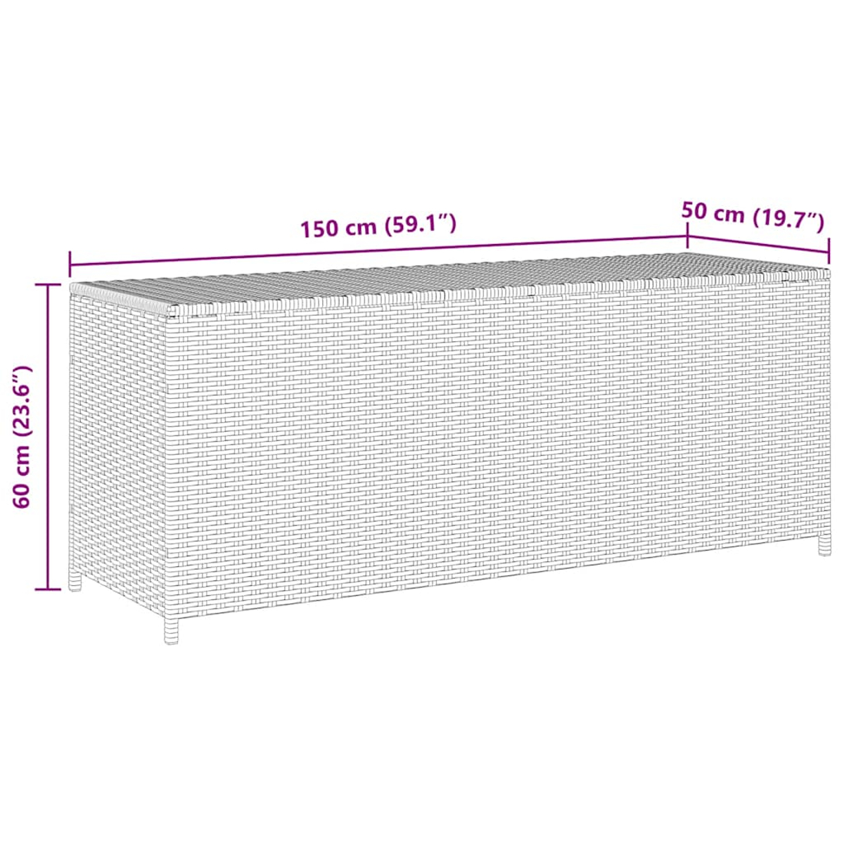 Eine rechteckige Aufbewahrungsbox aus Korbgeflecht. Maße sind beschriftet: 150 cm lang, 60 cm hoch und 50 cm breit. Die Box ist hell.