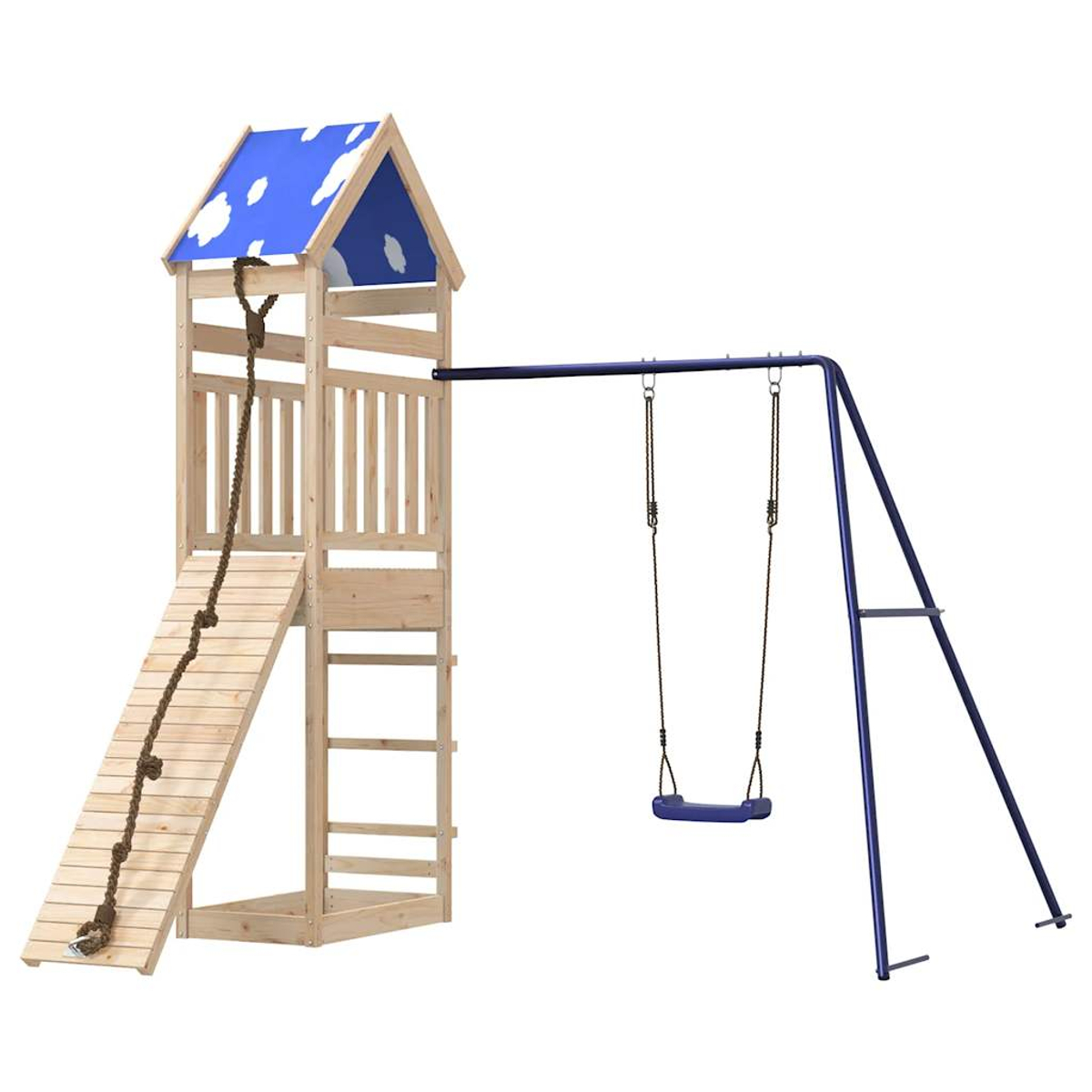 Spielplatz aus Holz mit blauem Dach, Rutsche, Seil, Leiter und Schaukelgerüst. Das Schaukelgerüst ist blau.