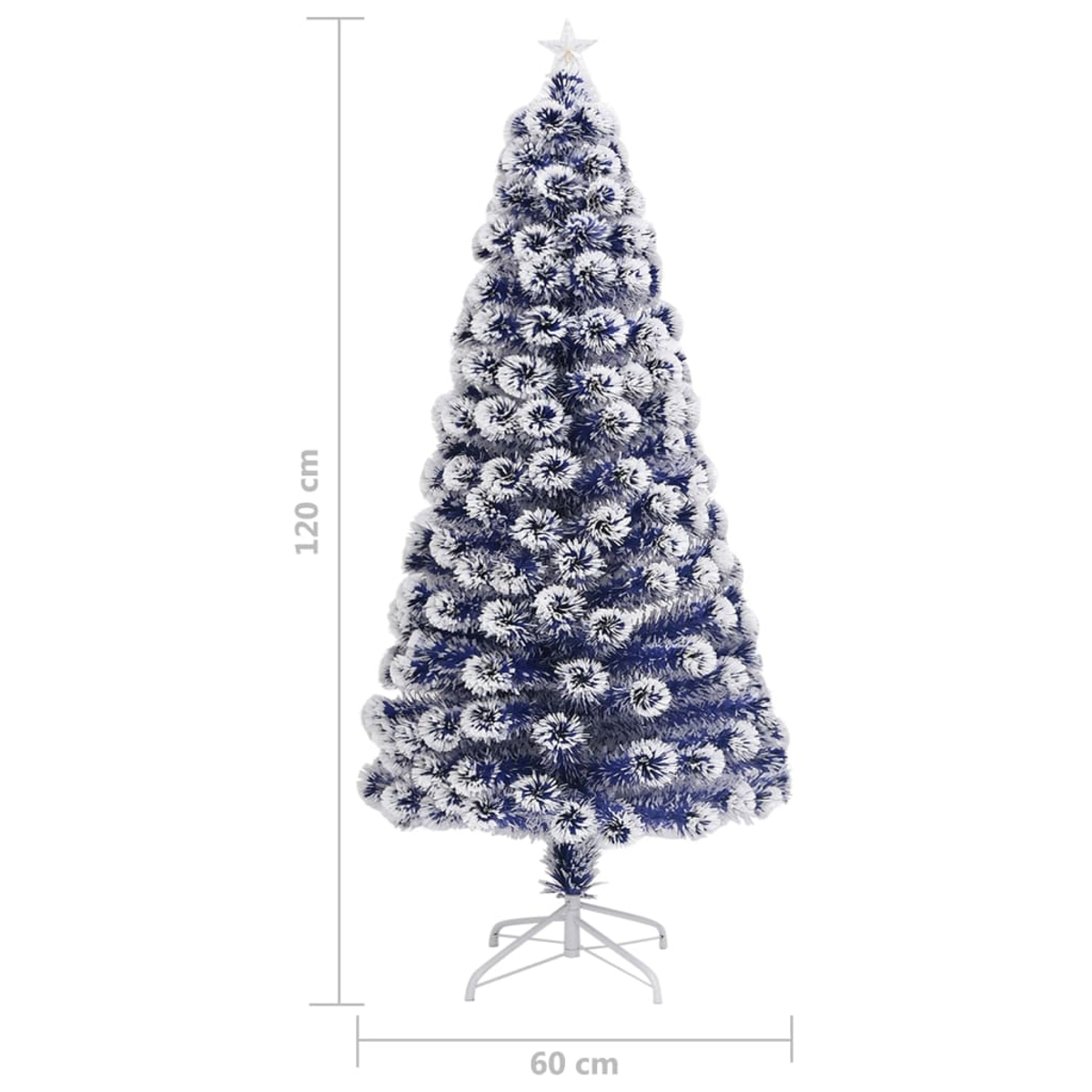 Ein blau-weißer Weihnachtsbaum mit Stern. Der Baum ist 120 cm hoch und 60 cm breit, auf einem weißen Ständer.