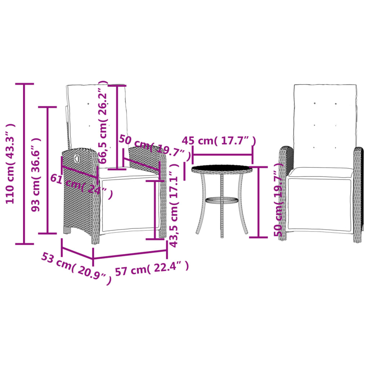 Diagramma che mostra le dimensioni di un set di sedie. Sedia, tavolo e un'altra sedia sono raffigurati, con misure in cm e pollici.