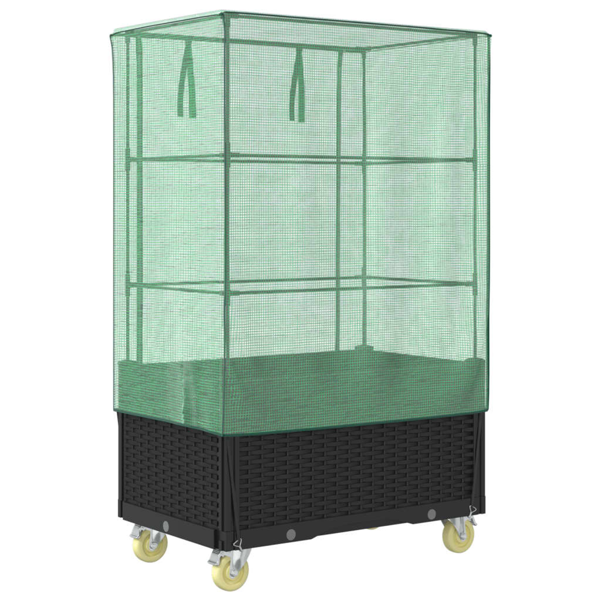 Una serra a rete verde su una base nera con ruote. Ha diversi ripiani all'interno. La parte superiore ha due maniglie. Lo sfondo è bianco.