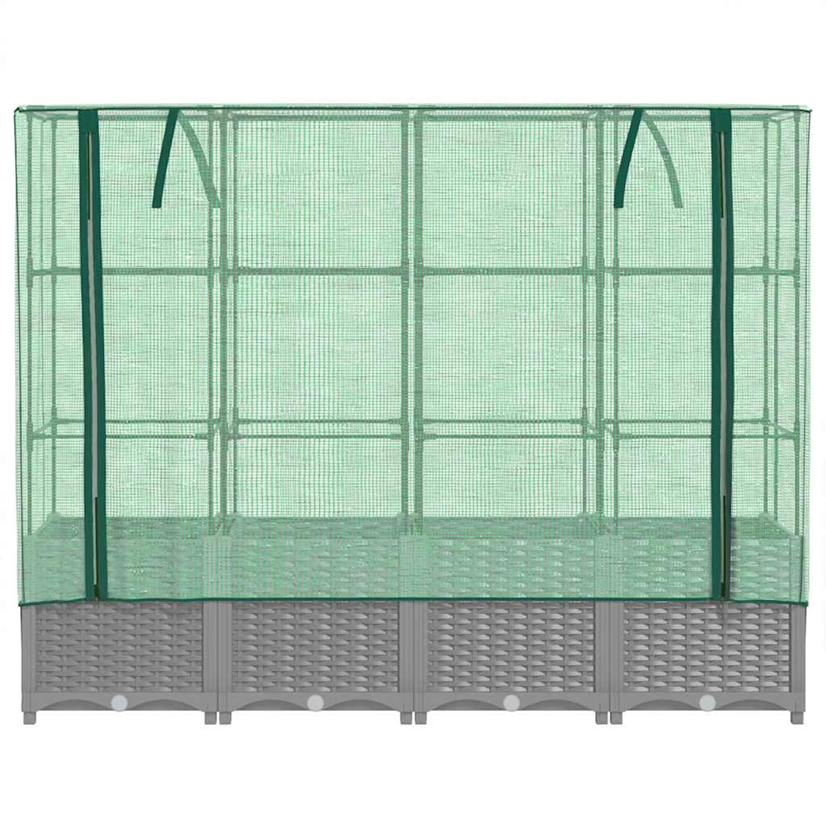Una serra verde con base grigia. La struttura ha una copertura a rete e forma rettangolare. La base è grigia con motivo intrecciato.