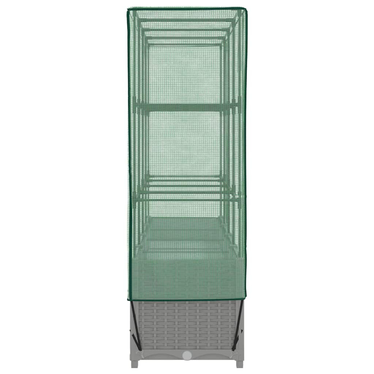 Una serra verde con base grigia. Il telaio è rettangolare con ripiani. La copertura è a rete verde.