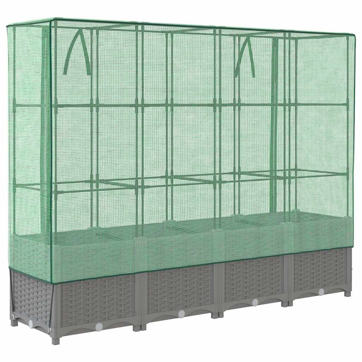 Una serra verde con copertura a rete. Ha una base grigia con motivo intrecciato e forma rettangolare.