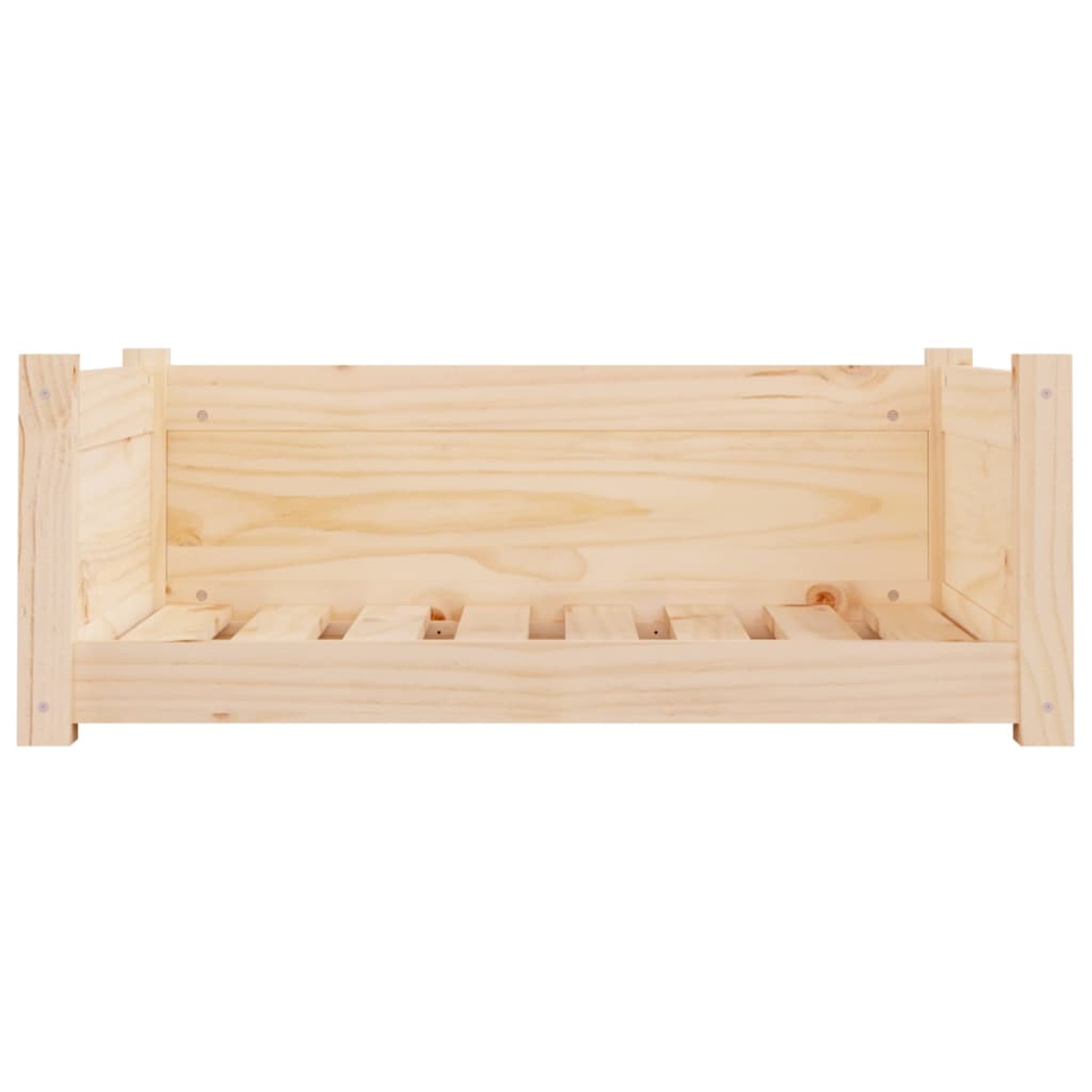 Ein hellfarbiger Bettrahmen aus Holz vor weißem Hintergrund. Der Rahmen hat ein Kopf- und Fußteil sowie einen Lattenrost.