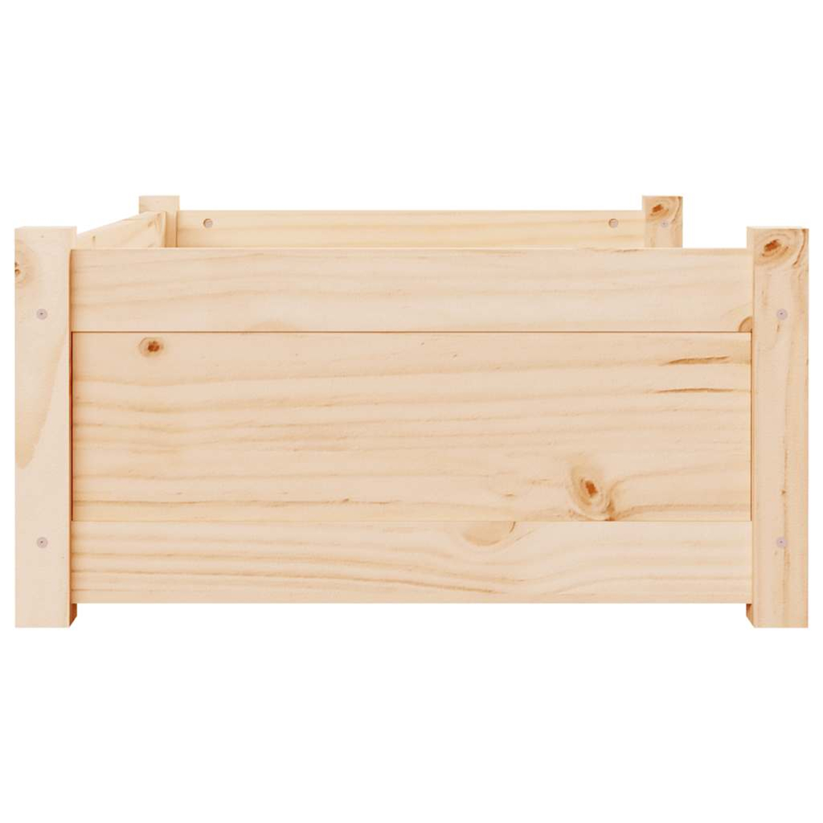 Eine rechteckige Pflanzkiste aus hellem Holz. Sie hat sichtbare Holzmaserung und ist mit vertikalen Eckpfosten und horizontalen Brettern konstruiert.