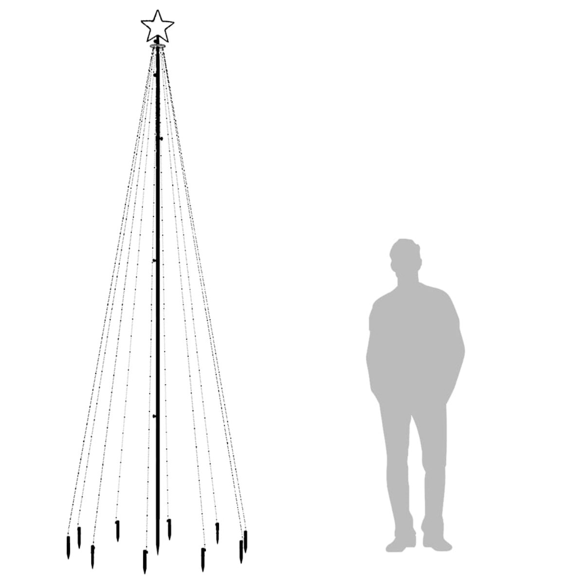 Eine sternförmige Weihnachtsbaumkontur mit Lichtern steht neben einer menschlichen Silhouette auf weißem Hintergrund.