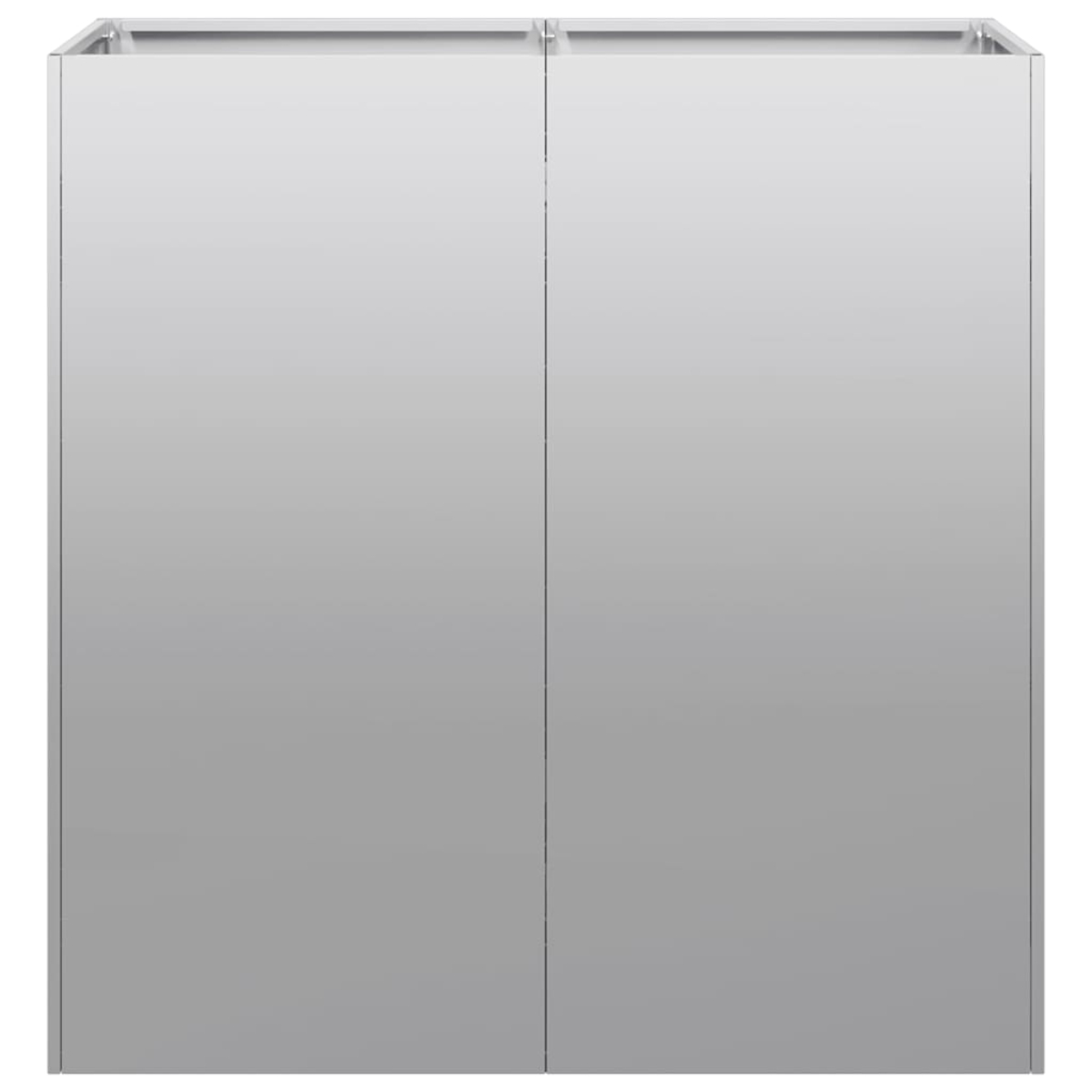 Un mobile a due ante argentato dal design semplice. Le porte sono lisce e riflettenti. La parte superiore ha un telaio.