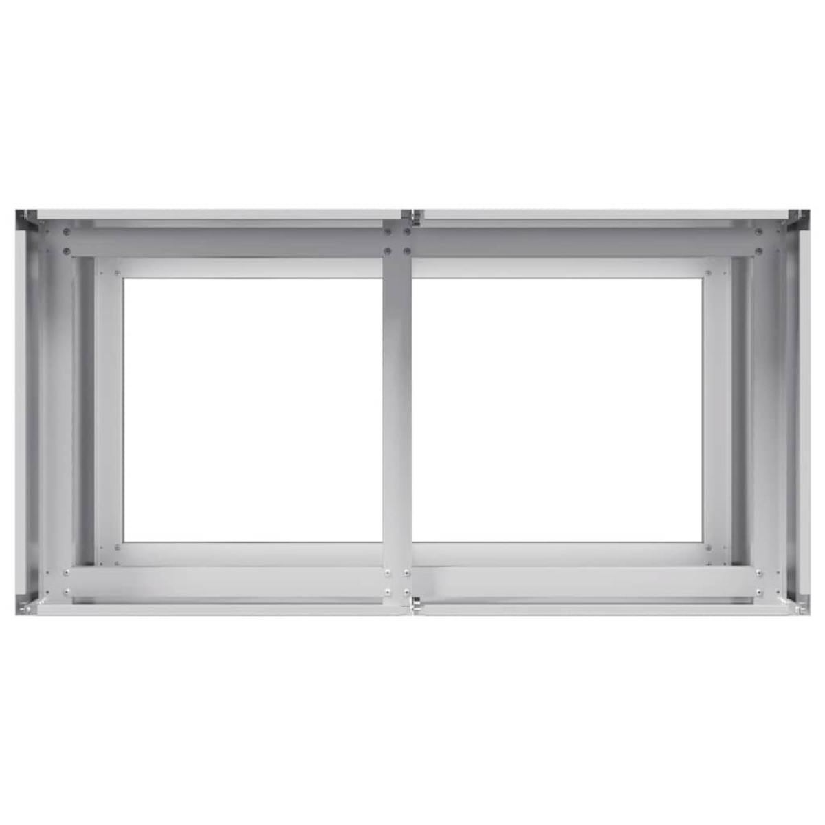 Un telaio metallico con due spazi rettangolari vuoti. Il telaio ha viti e supporti visibili. Sfondo bianco.