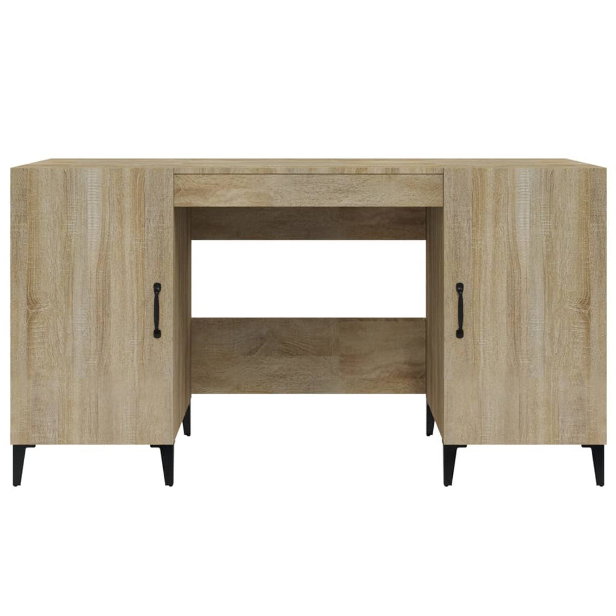 Holzschreibtisch mit zwei Schränken und schwarzen Griffen. Der Schreibtisch hat einen offenen Mittelraum und schwarze Beine.