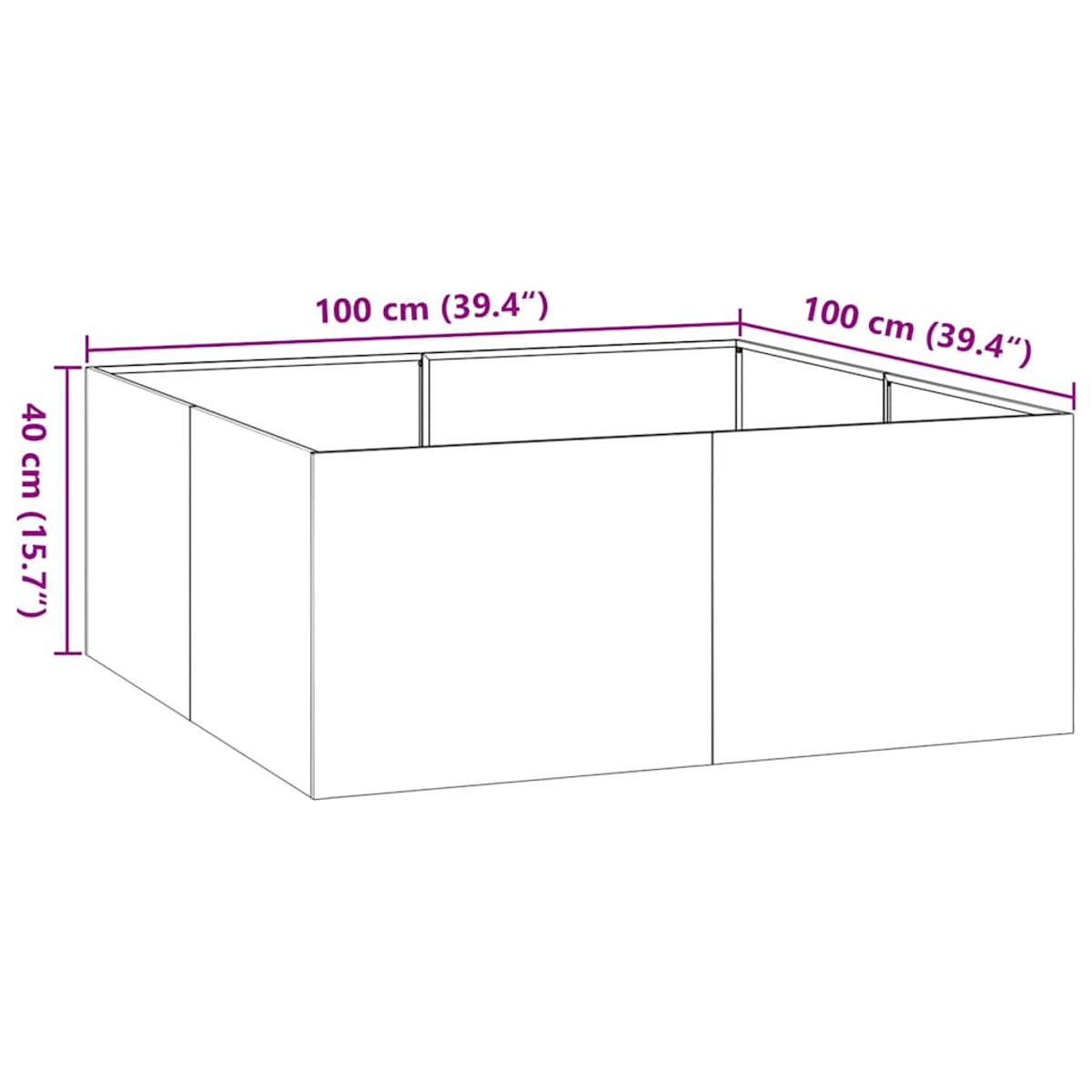 Diagramma di una scatola rettangolare, 100 cm x 100 cm x 40 cm, etichettata con dimensioni in centimetri e pollici.