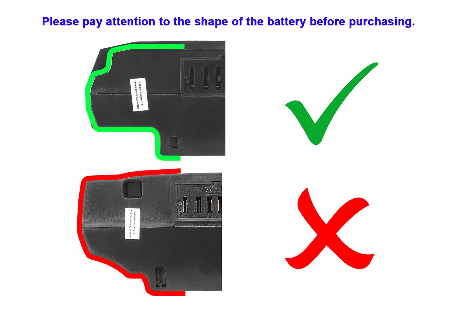 Das Bild zeigt Batterieformen mit grünen und roten Umrissen, einem grünen Häkchen und einem roten X. Text sagt: Achten Sie auf die Form.