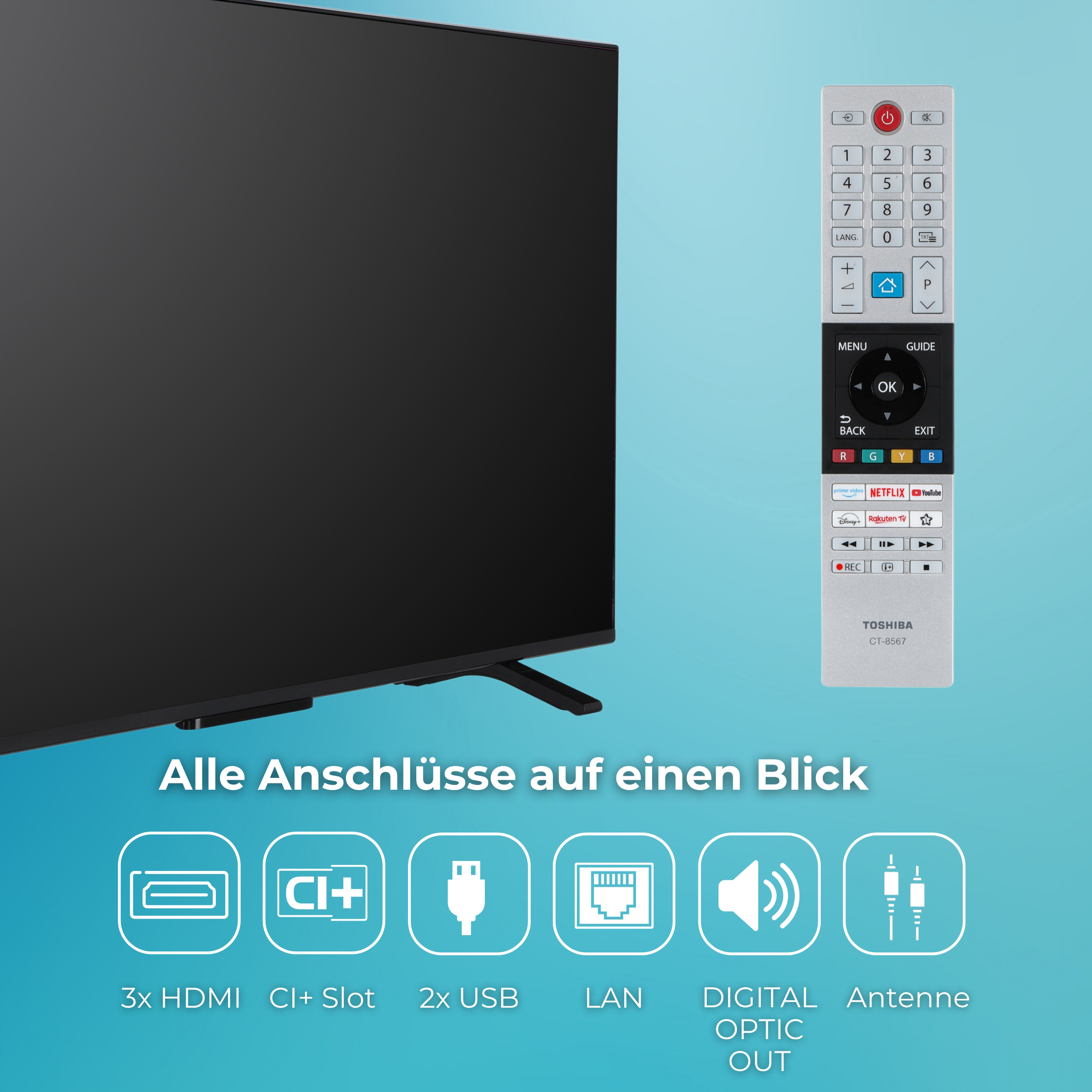 Ein Fernseher mit Fernbedienung. Der Bildschirm ist schwarz, die Fernbedienung silberfarben. Darunter sind Verbindungssymbole.
