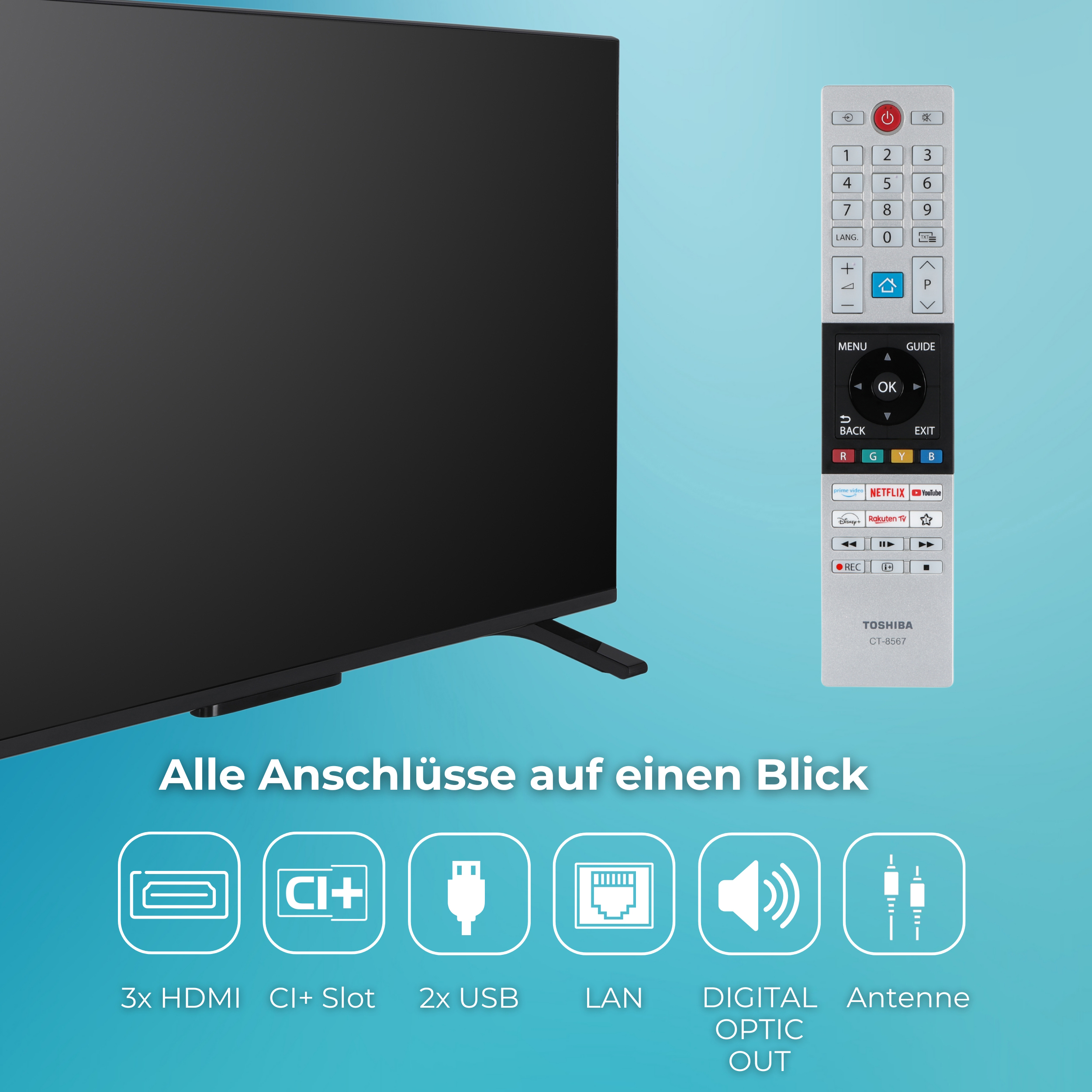 Fernseher mit Fernbedienung. Die Fernbedienung hat Knöpfe. Der Fernseher hat einen Ständer. Darunter sind Verbindungssymbole.