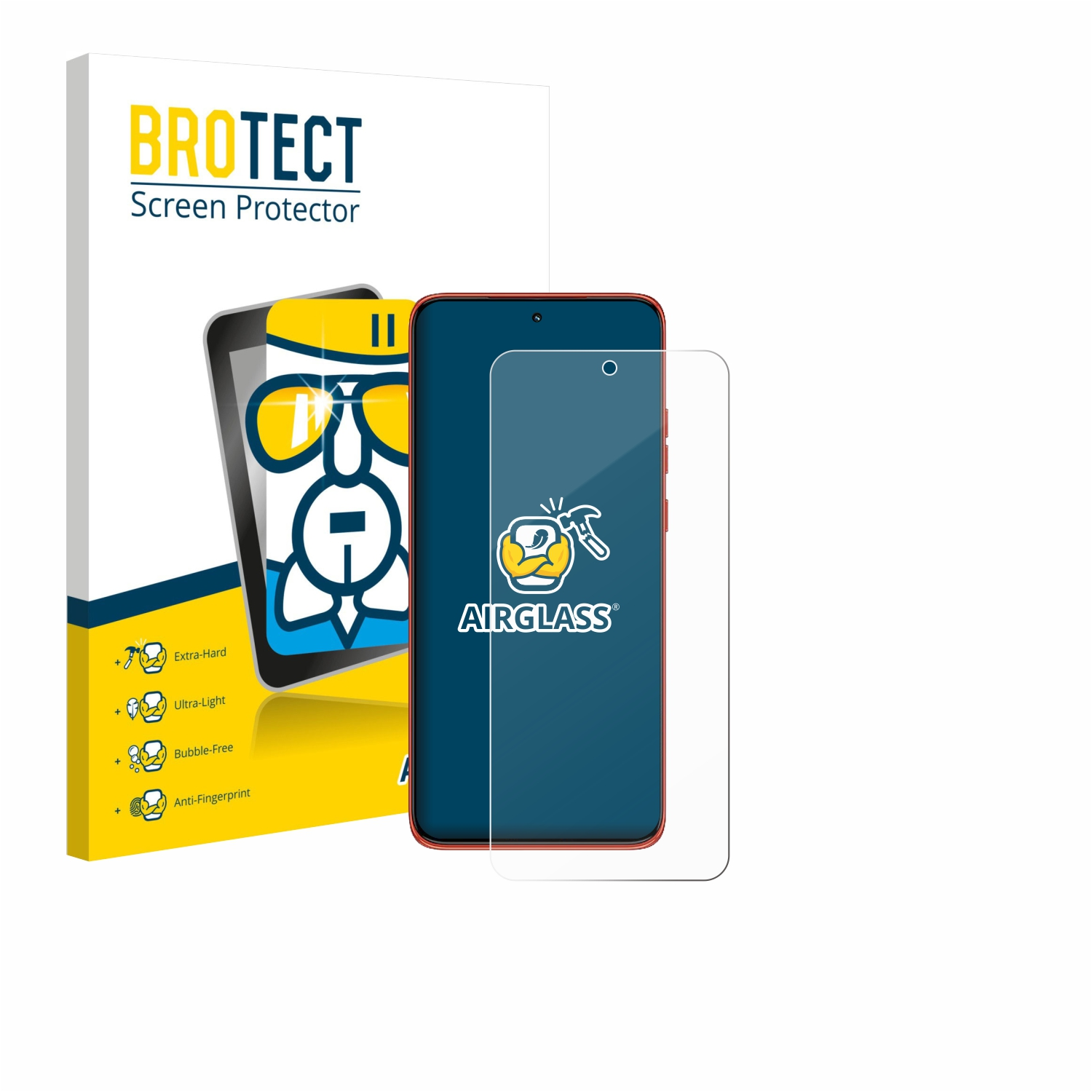 Ein Telefon und ein Displayschutz sind abgebildet. Der Schutz hat das AIRGLASS-Logo. Eine Box mit BROTECT Screen Protector ist sichtbar.