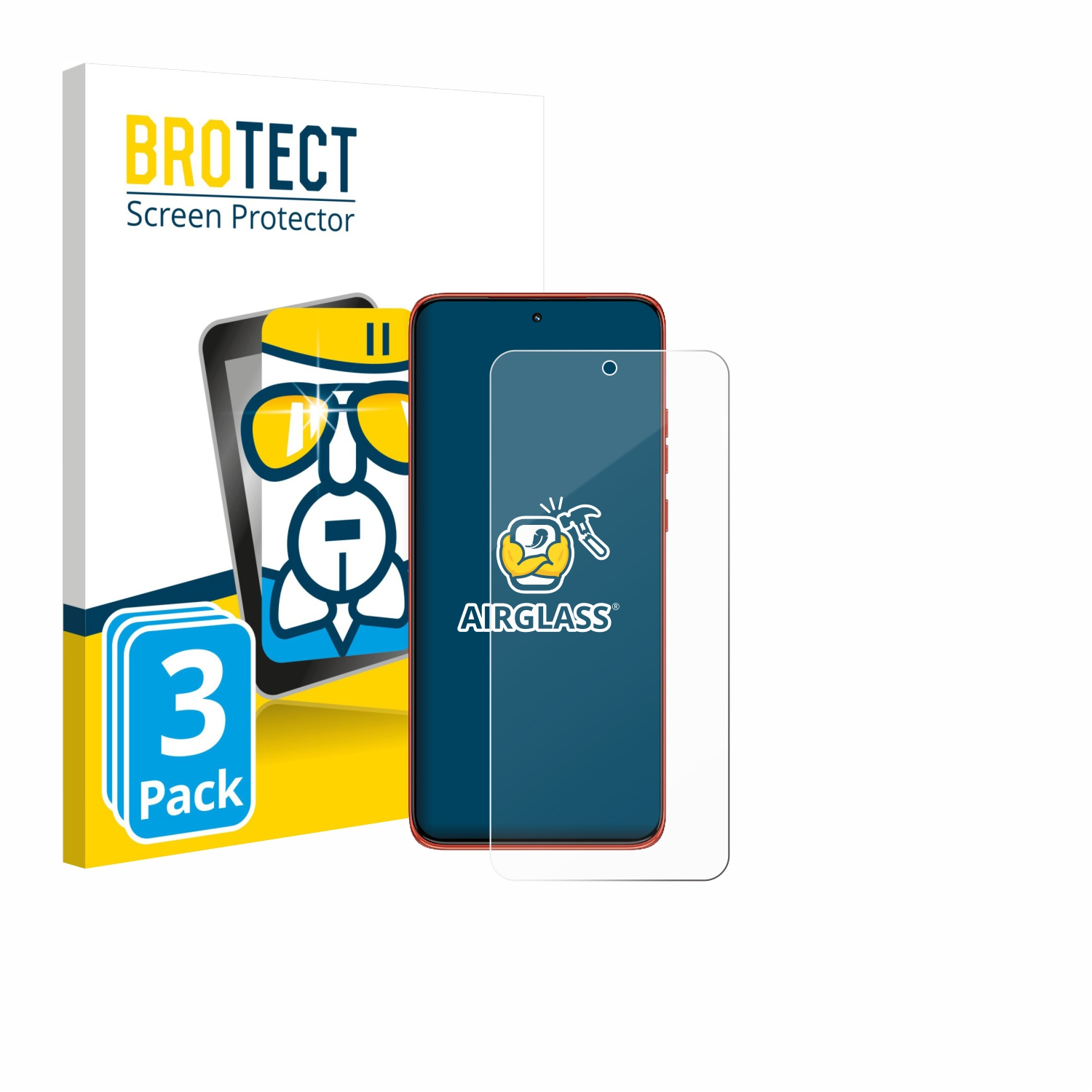 Ein Telefon und eine Displayschutzfolie werden mit einer 3er-Packung präsentiert. Das Telefon ist rot und blau.