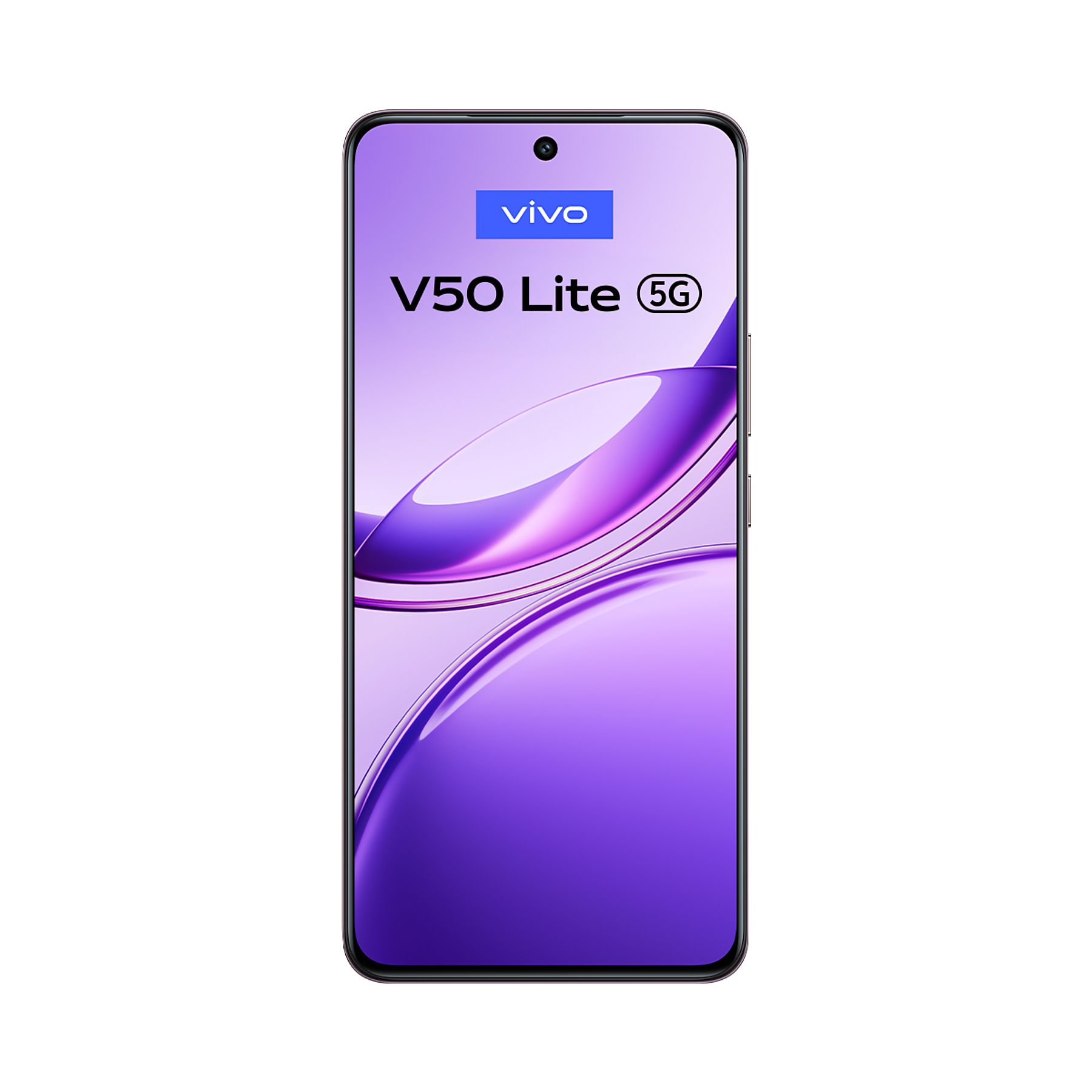 Bir akıllı telefon ekranında 'vivo V50 Lite 5G' yazıyor. Ekran, kavisli çizgilerle mor bir degrade gösteriyor.