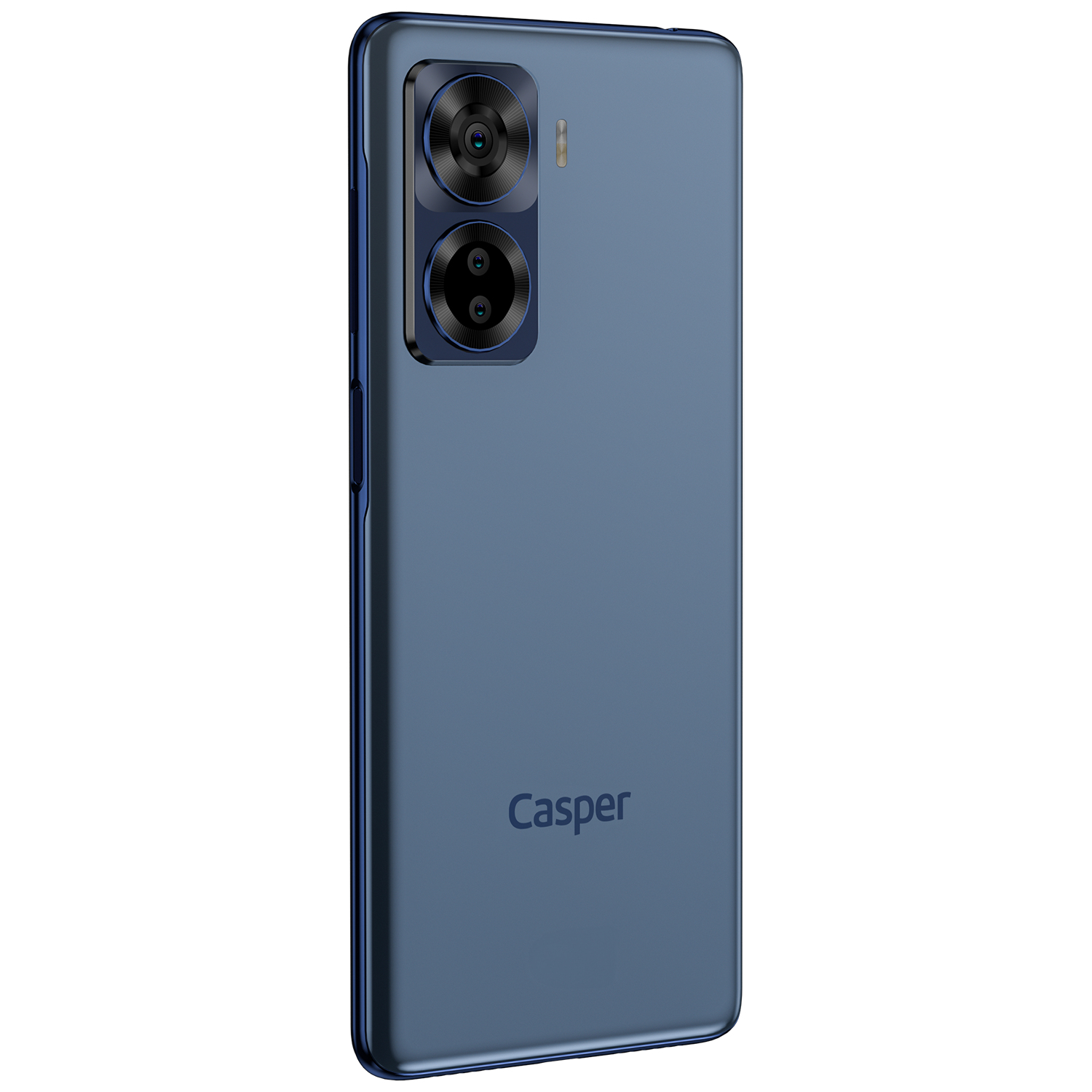 Mavi akıllı telefonun arkası. Üstte çift kamera kurulumu. Altta 'Casper' logosu. Yuvarlak kenarlara sahip şık tasarım.