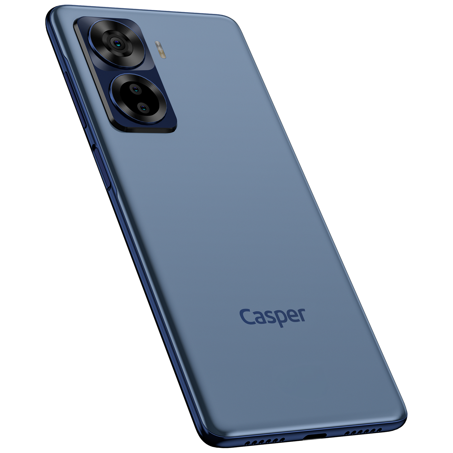 Beyaz zemin üzerinde çift kameralı mavi bir akıllı telefon. Arka tarafta 'Casper' markası görülüyor.
