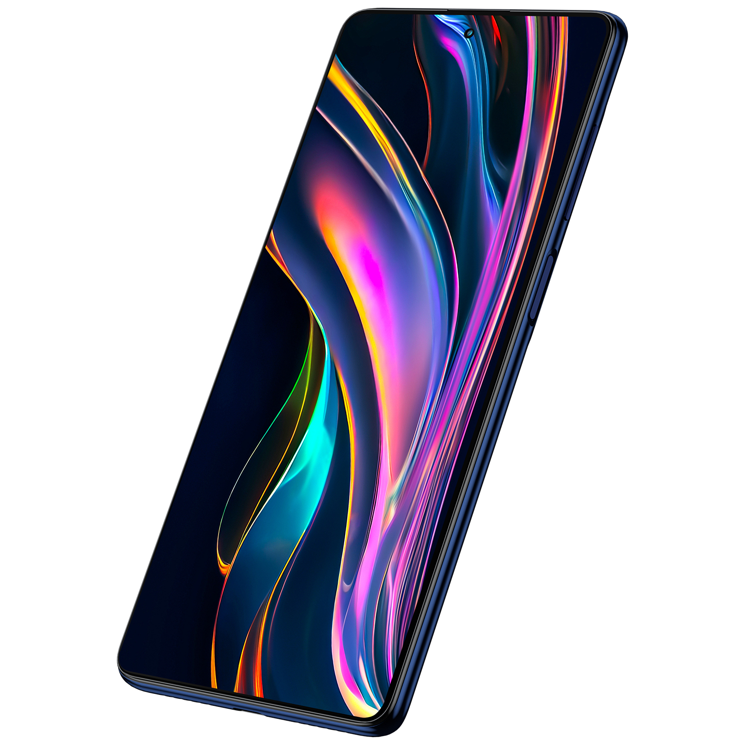 Renkli soyut desenler gösteren koyu ekranlı bir akıllı telefon. Mavi çerçeveli ve beyaz bir arka plan üzerinde açılı duruyor.