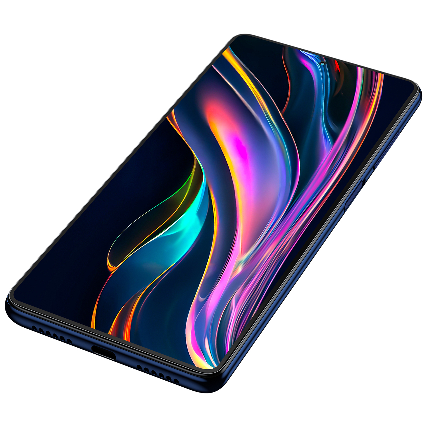 Renkli, soyut bir duvar kağıdına sahip koyu mavi bir akıllı telefon. Telefon açılı, ekranı ve bazı yan detayları gösteriyor.