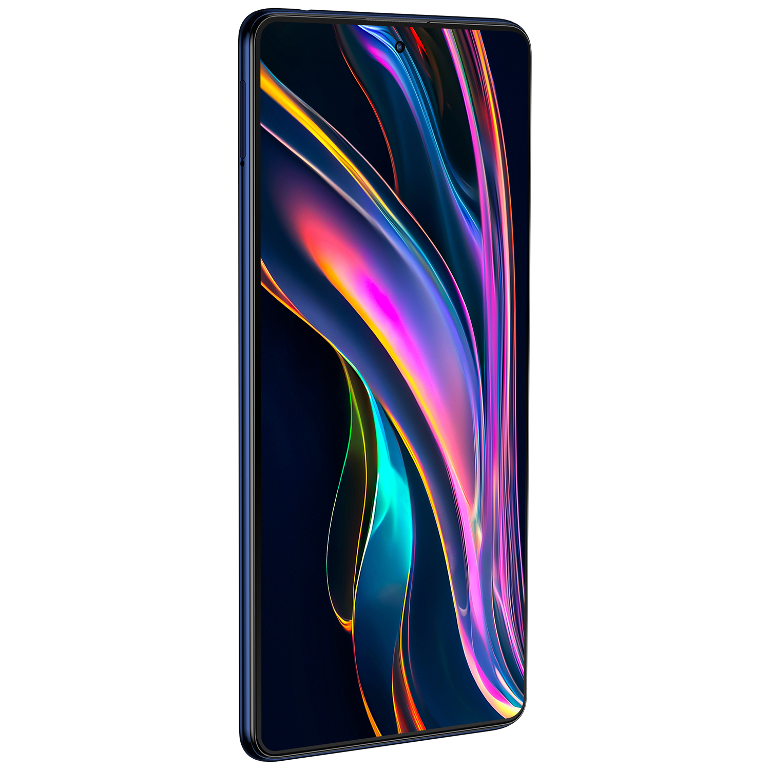 Koyu mavi çerçeveli bir akıllı telefon. Ekran, pembe, mavi ve sarı renklerde akan şekillerle renkli bir soyut tasarım sergiliyor.