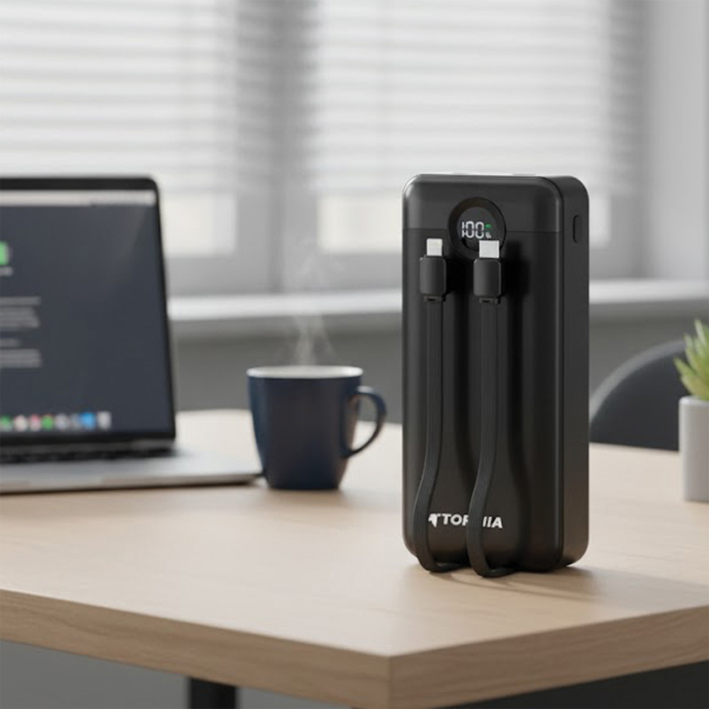 Siyah bir powerbank, kablolarıyla birlikte ahşap bir masanın üzerinde duruyor. Bir dizüstü bilgisayar, mavi bir kupa ve küçük bir bitki de masada.