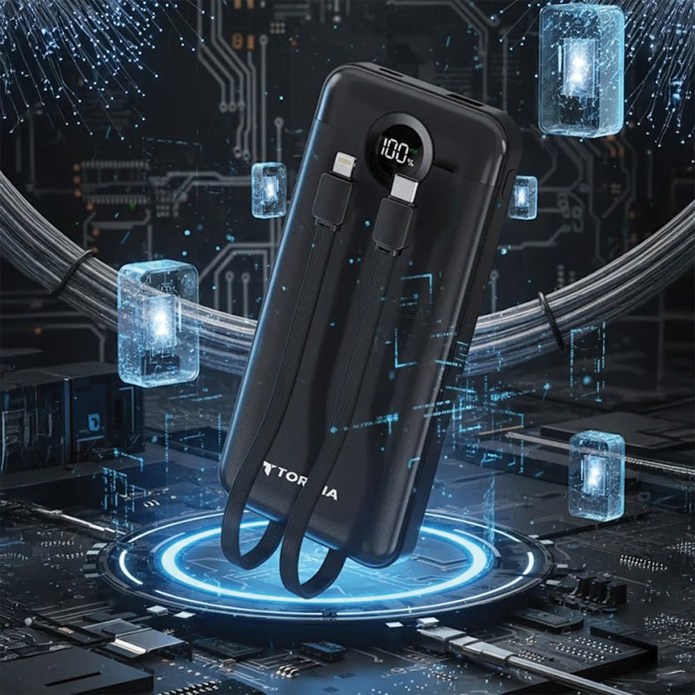 100% gösteren kabloları ve ekranı olan siyah bir powerbank. Parlayan küpler ve bir devre kartı arka planıyla çevrili.