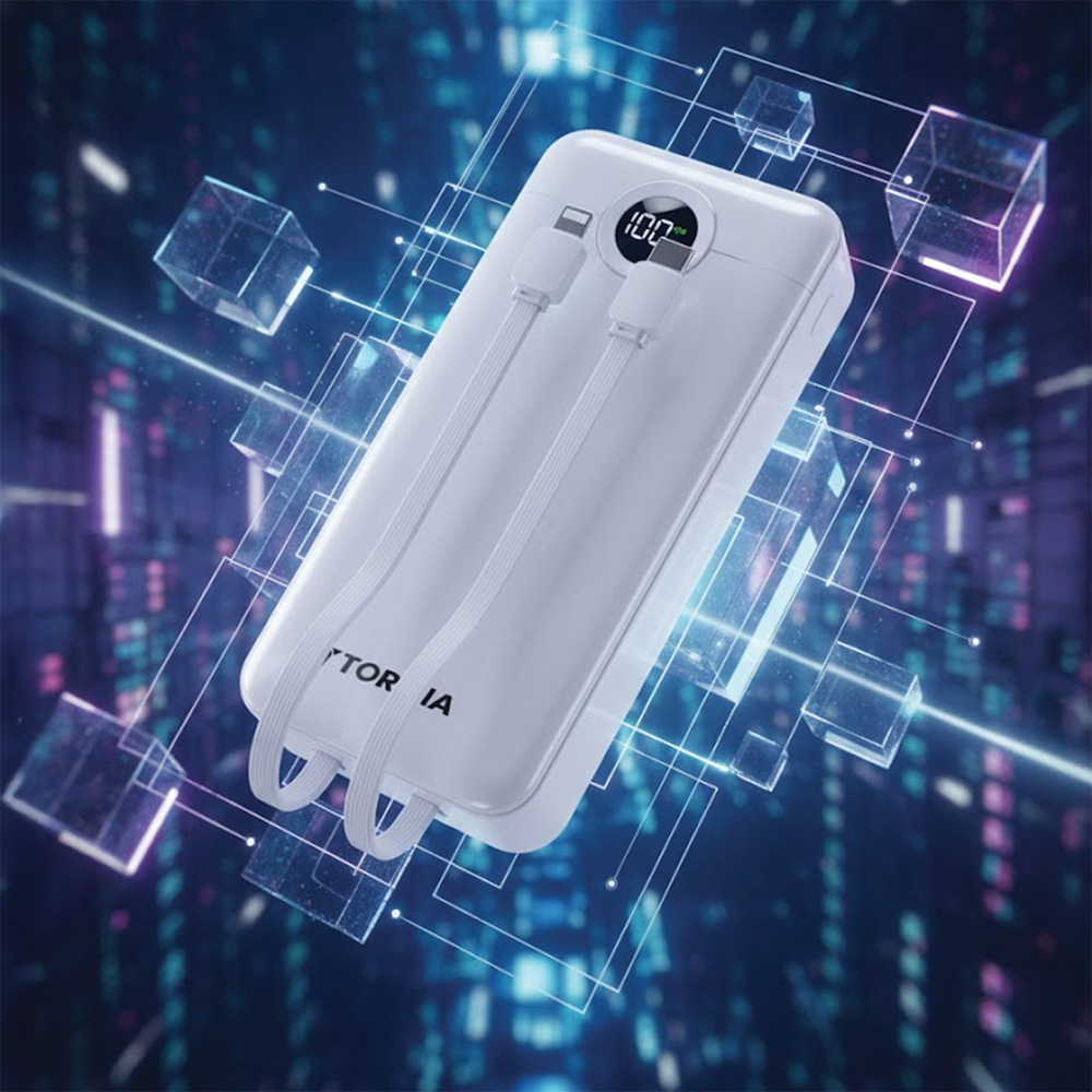 İki kablo bağlı beyaz powerbank, %100 gösteriyor. Küpler ve çizgiler mavi arka plan üzerinde.