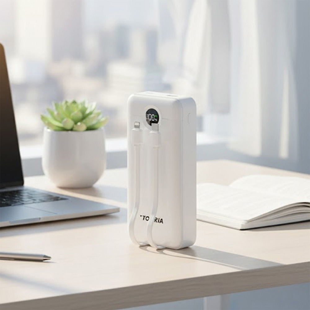 Beyaz bir powerbank, dizüstü bilgisayar, sukulent ve açık bir kitapla bir masanın üzerinde duruyor. Arka planda bir pencere var.