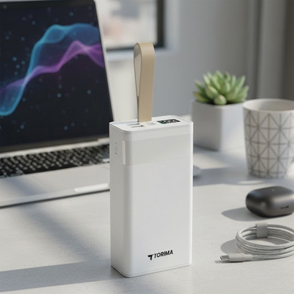 Bej kayışlı beyaz bir powerbank bir masada duruyor. Bir dizüstü bilgisayar, küçük bir bitki ve diğer eşyalar da görülebilir.