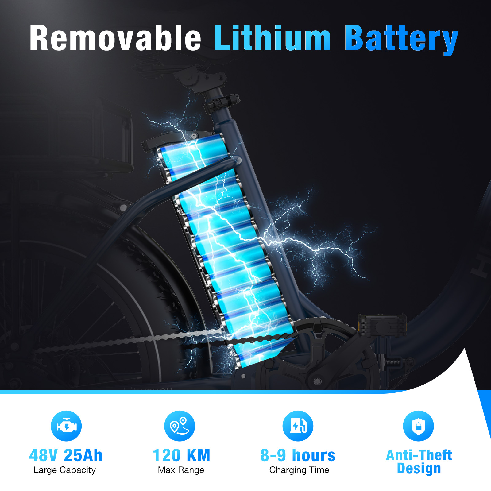 Een elektrische fiets, focus op een verwijderbare lithium batterij. Details: 48V 25Ah, 120 KM bereik, 8-9 uur opladen, anti-diefstal ontwerp.