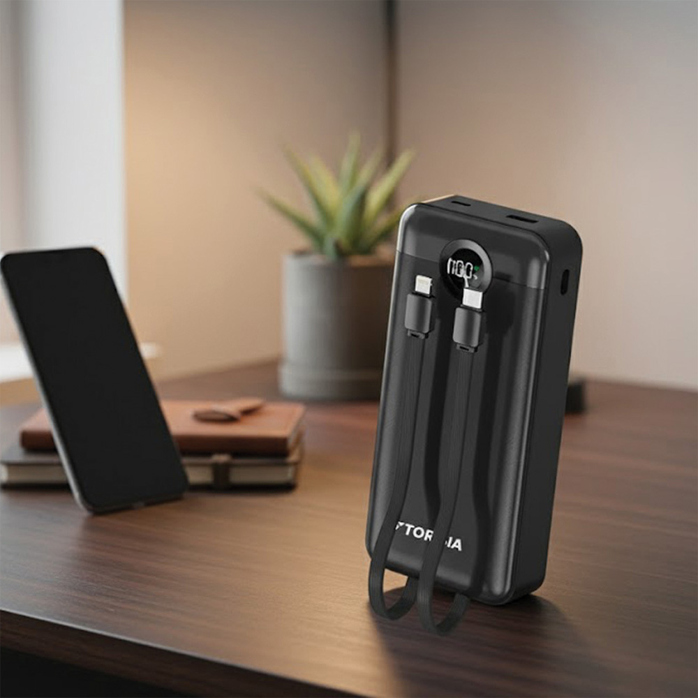 Siyah bir powerbank kablolarla ahşap bir masanın üzerinde duruyor. Masada bir telefon ve bir bitki de var.