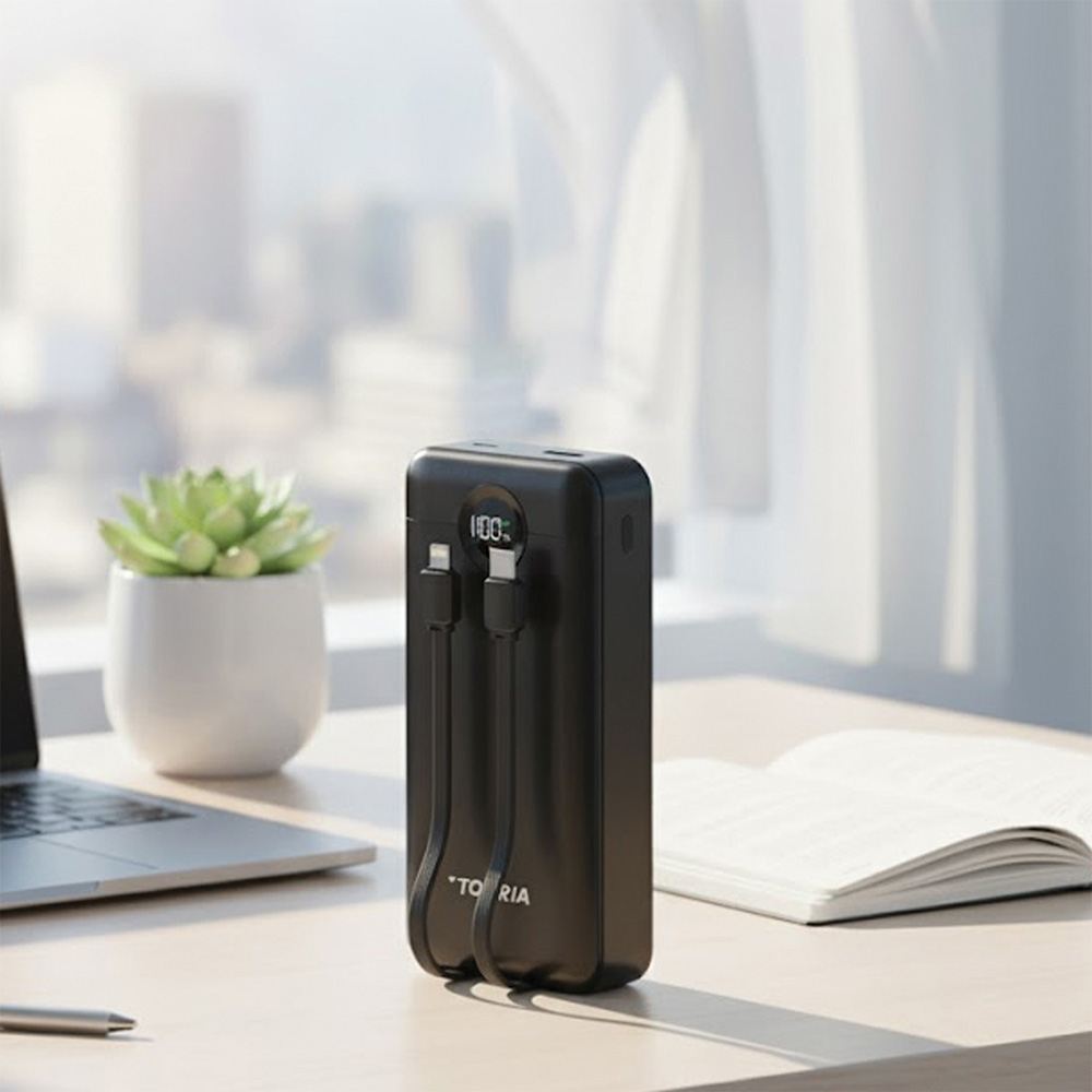 Kablosu olan siyah bir powerbank bir masanın üzerinde duruyor. Bir dizüstü bilgisayar, bir bitki ve açık bir kitap da bir pencerenin yakınında, masanın üzerinde duruyor.