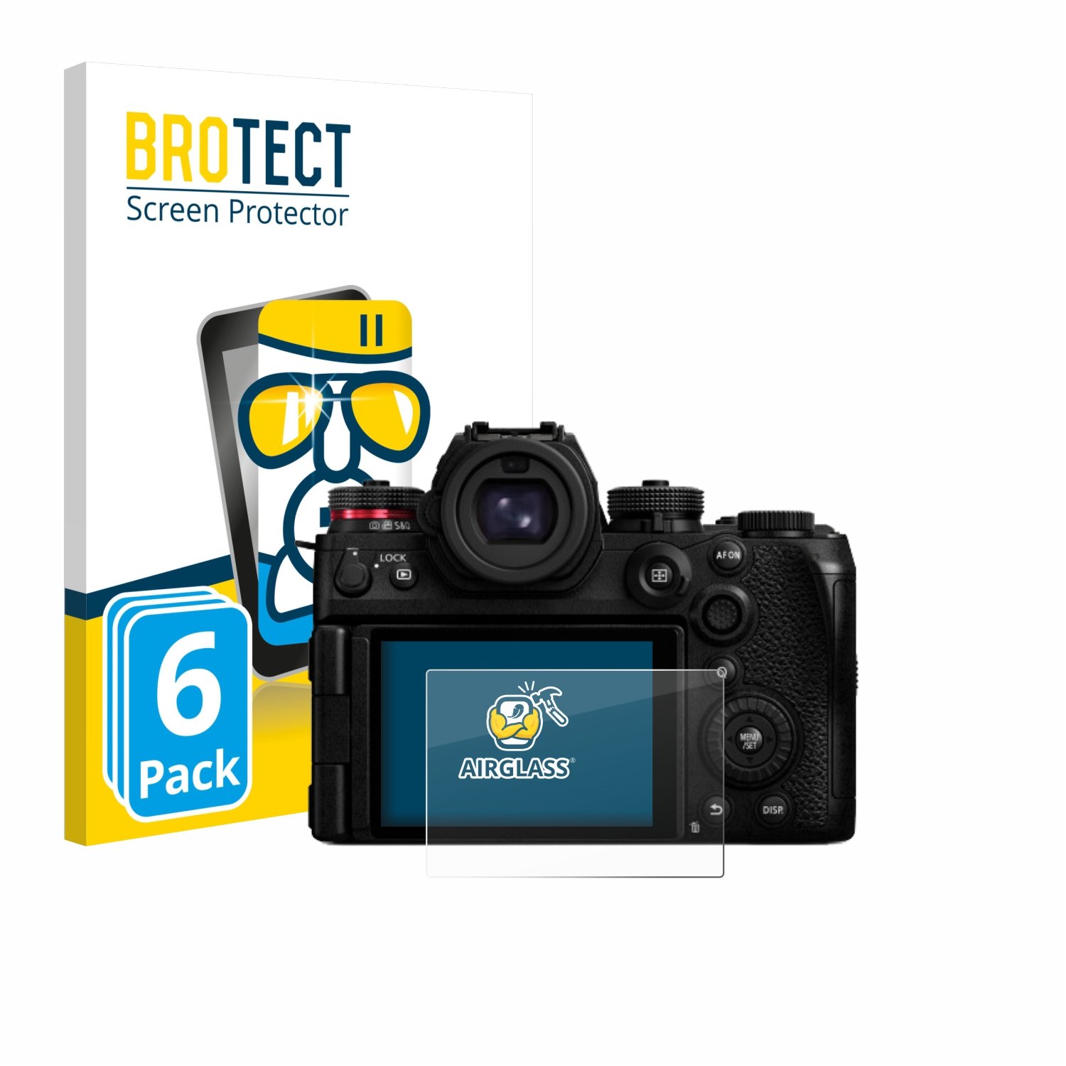 Eine Kamera mit einem Displayschutz auf der Rückseite. Links ist eine Schachtel mit Displayschutzfolien. Auf der Box steht 'BROTECT Screen Protector'.