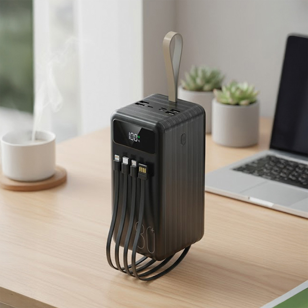 Siyah bir powerbank, kablolar bağlı. Arka planda bir fincan, dizüstü bilgisayar ve bitkiler, ahşap bir masada.