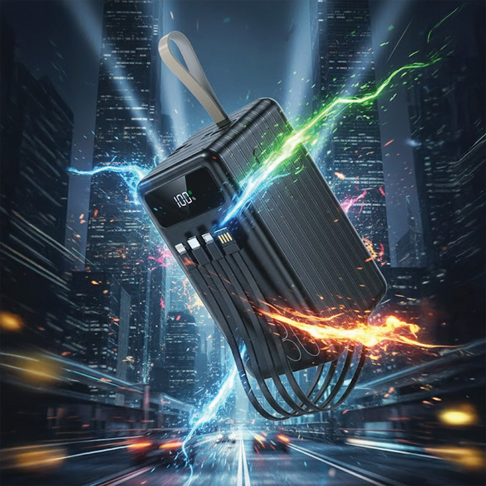Siyah powerbank, kablolar, %100 ekran, ve tutacak. Enerji akışları şehir arka planında.