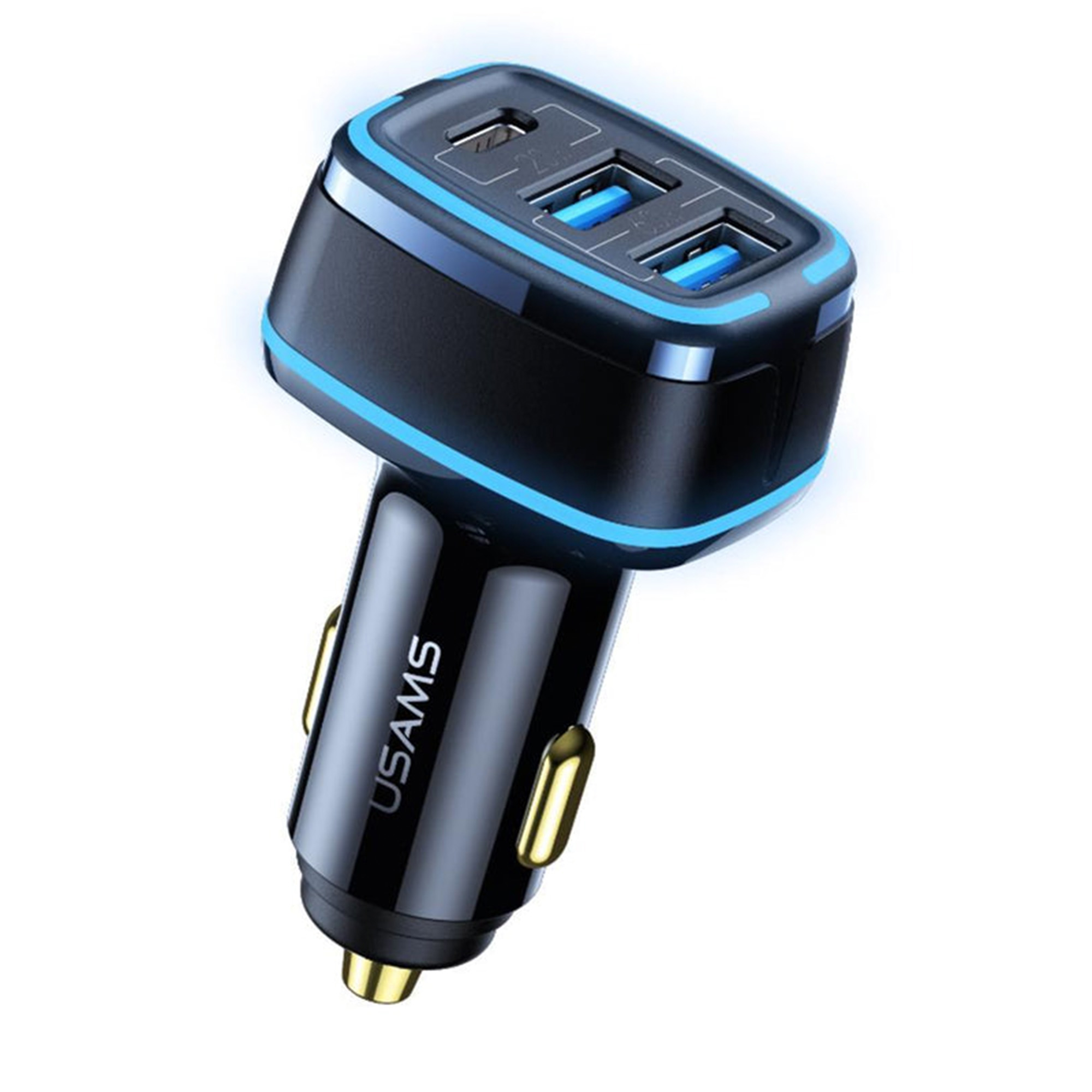 Siyah USAMS araç şarj cihazı, mavi detaylar ve üç USB portu. Altın detaylar ve parlak bir yüzey.