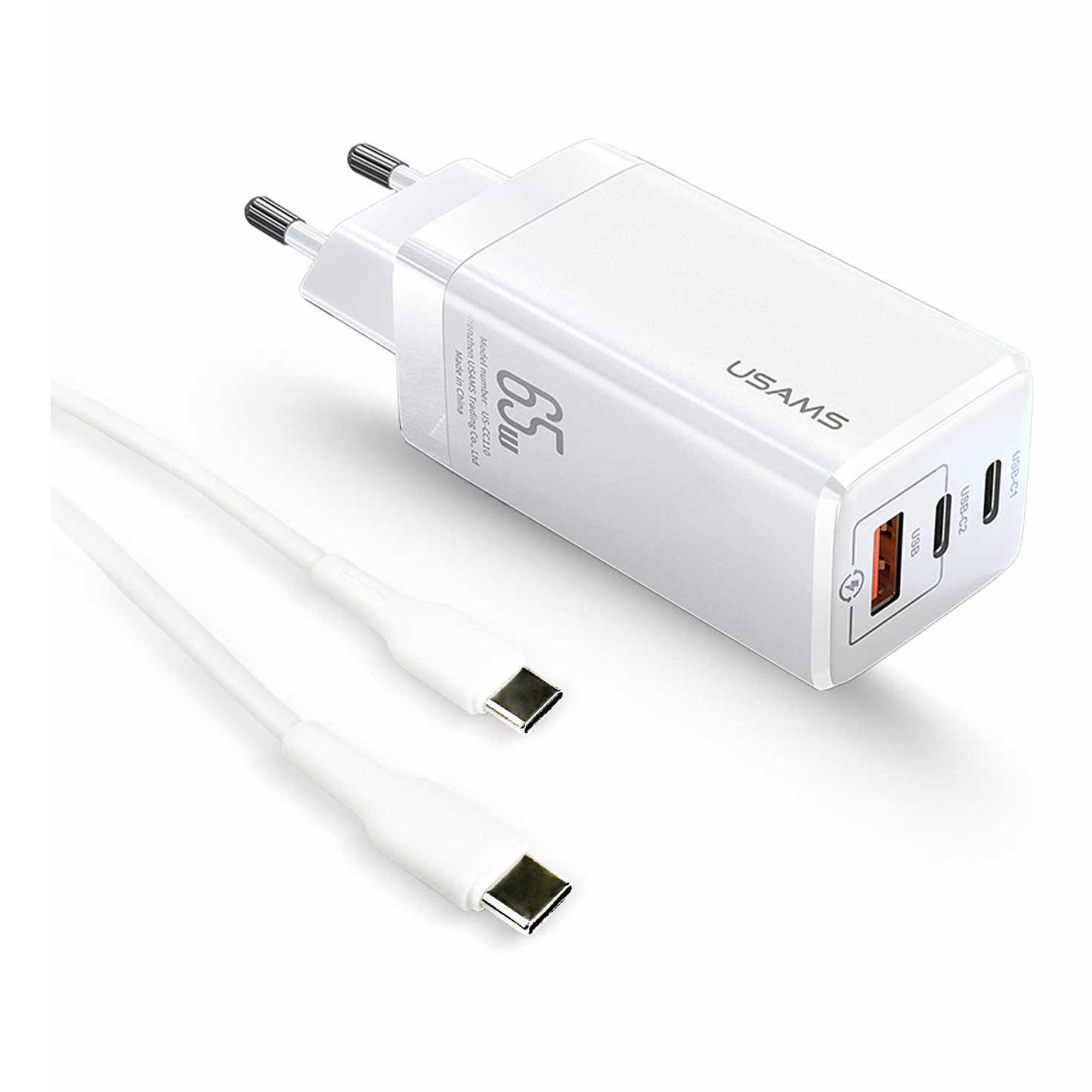 Beyaz bir arka plan üzerinde iki USB-C portlu beyaz bir USAMS 65W şarj cihazı ve beyaz bir USB-C kablosu.