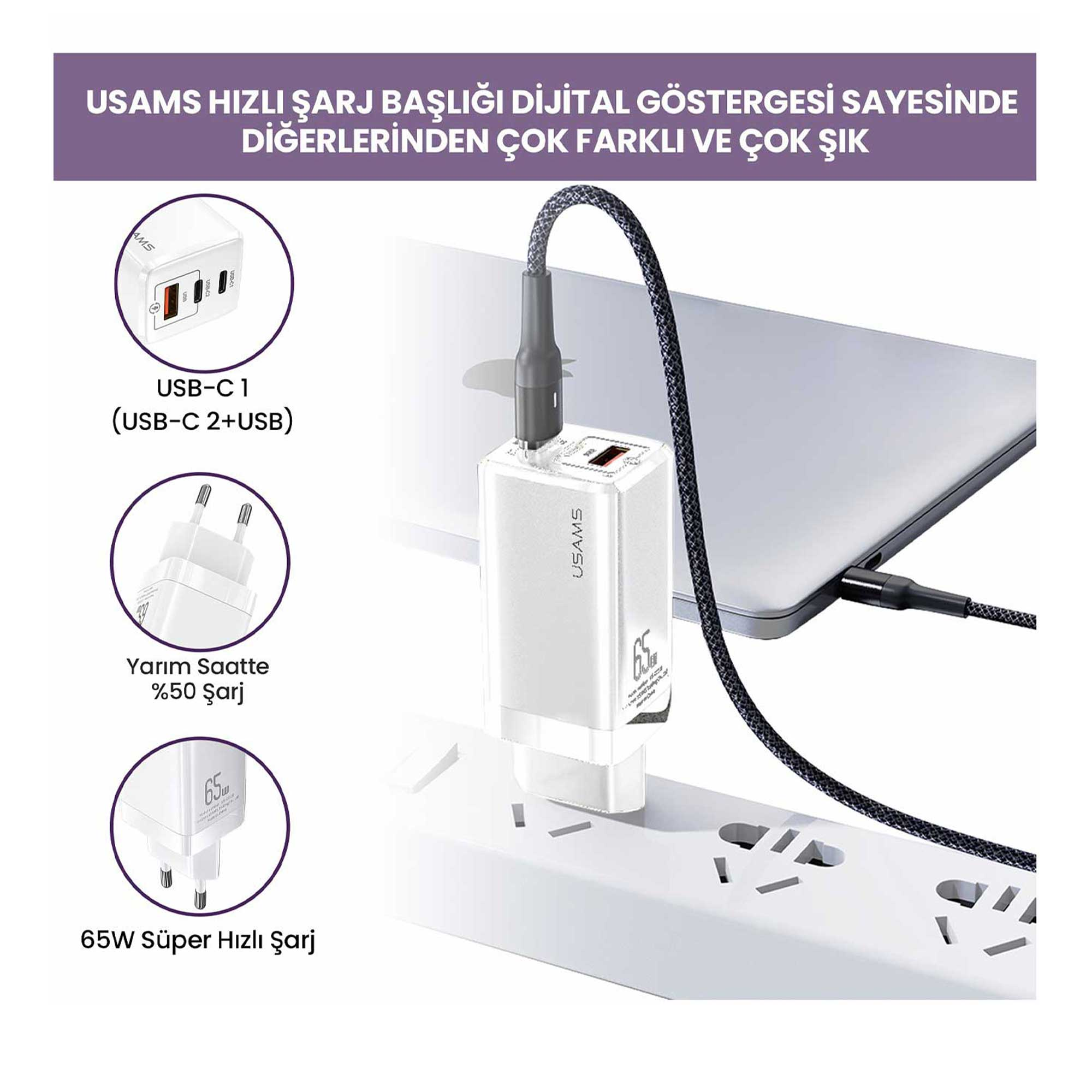 Beyaz USAMS şarj cihazı bir priz şeridine takılı. Bir dizüstü bilgisayar siyah bir kabloyla bağlı. Metin: 65W Super Fast Charger.