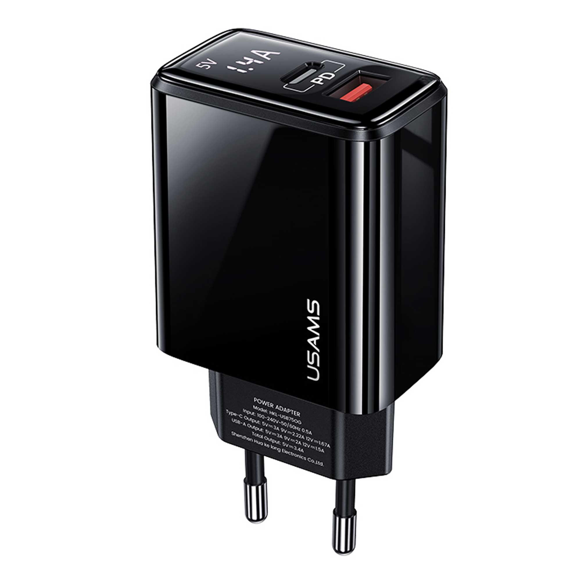USAMS US-CC133 T40 20w Qc3.0+pd Type-C+USB Dijital Göstergeli Hızlı Şarj Cihazı Siyah