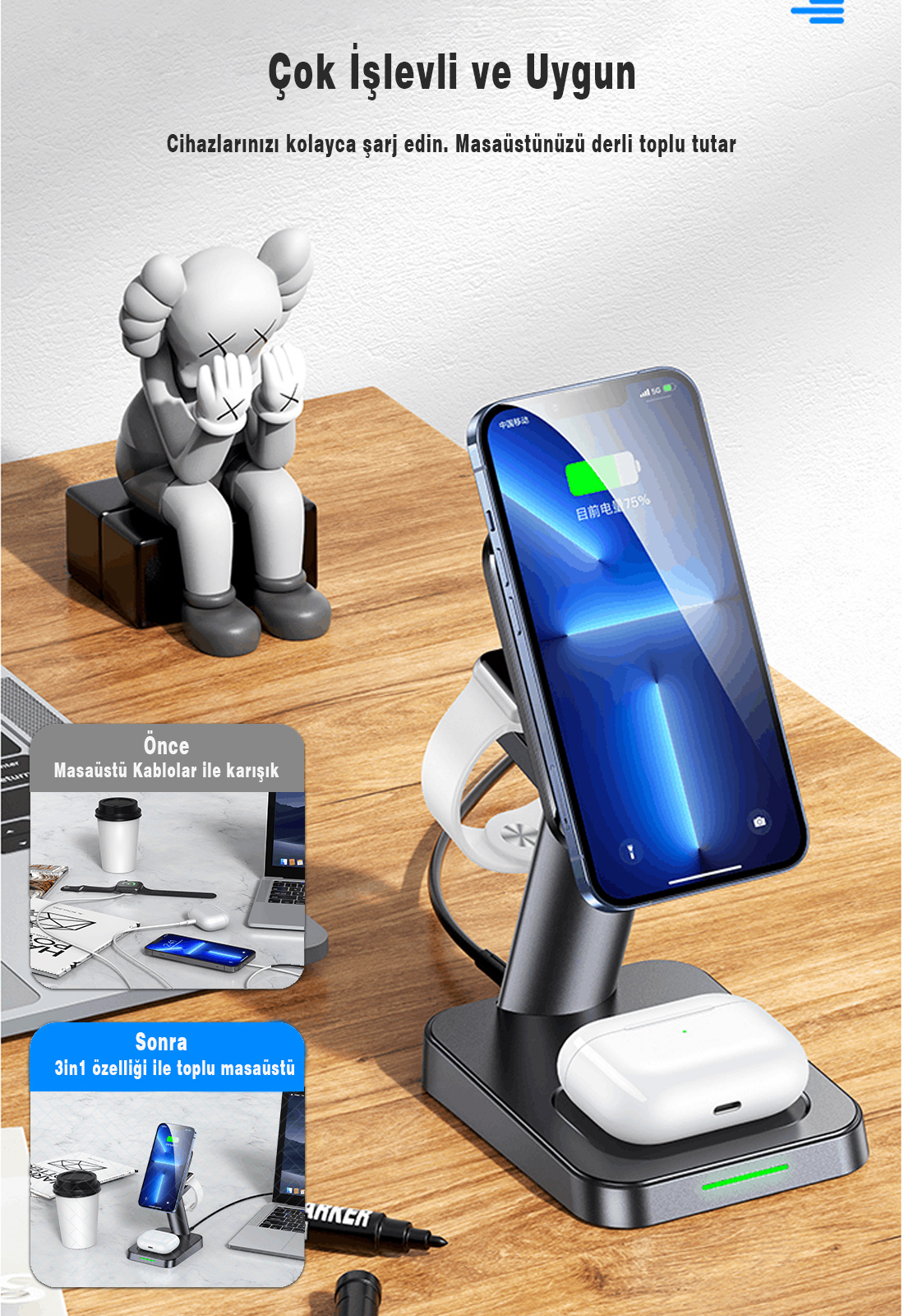 Telefon, saat ve kulaklıkların bulunduğu bir telefon şarj standı. Solda bir heykel var. Telefon %75 pil gösteriyor.