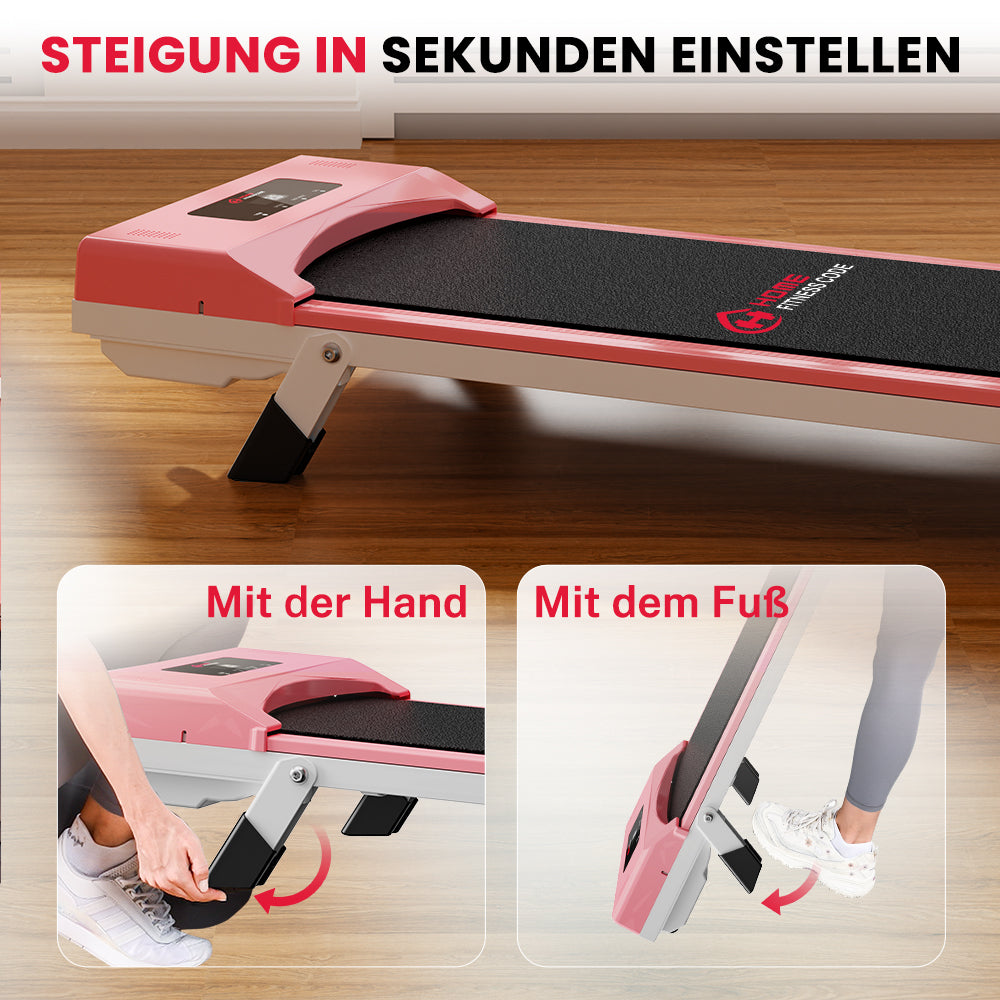 Różowa bieżnia z czarną powierzchnią do biegania. Pokazuje metody regulacji ręcznej i nożnej. Tekst: 'Steigung in Sekunden einstellen'.