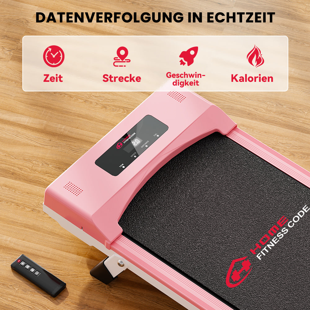 Różowa bieżnia z czarną powierzchnią do biegania. Wyświetlacz pokazuje dane. Pilot po lewej. U góry napis: 'Datenverfolgung'.