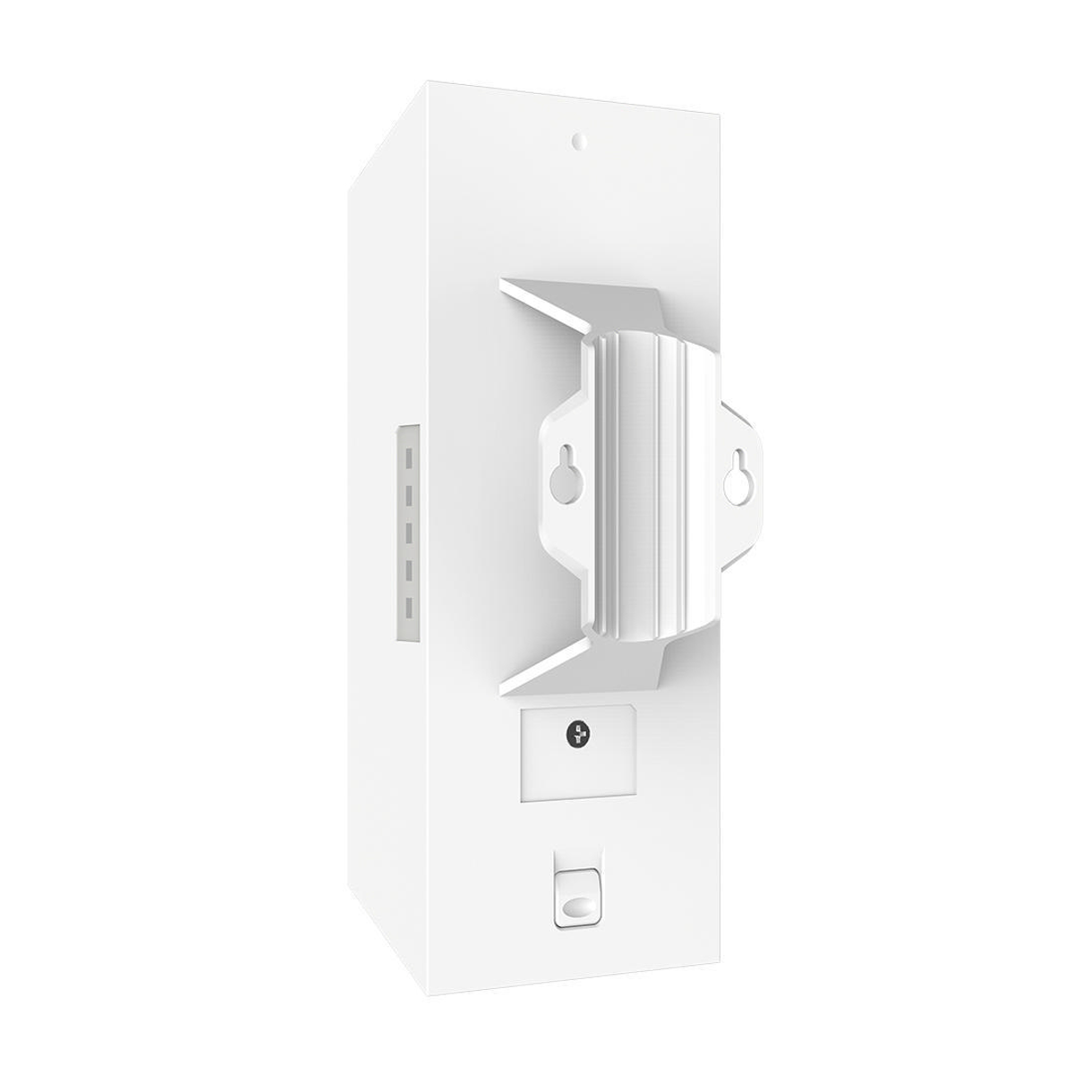 Białe prostokątne urządzenie z uchwytem montażowym. Posiada przycisk zasilania, kontrolki i port. Izolowane na białym tle.