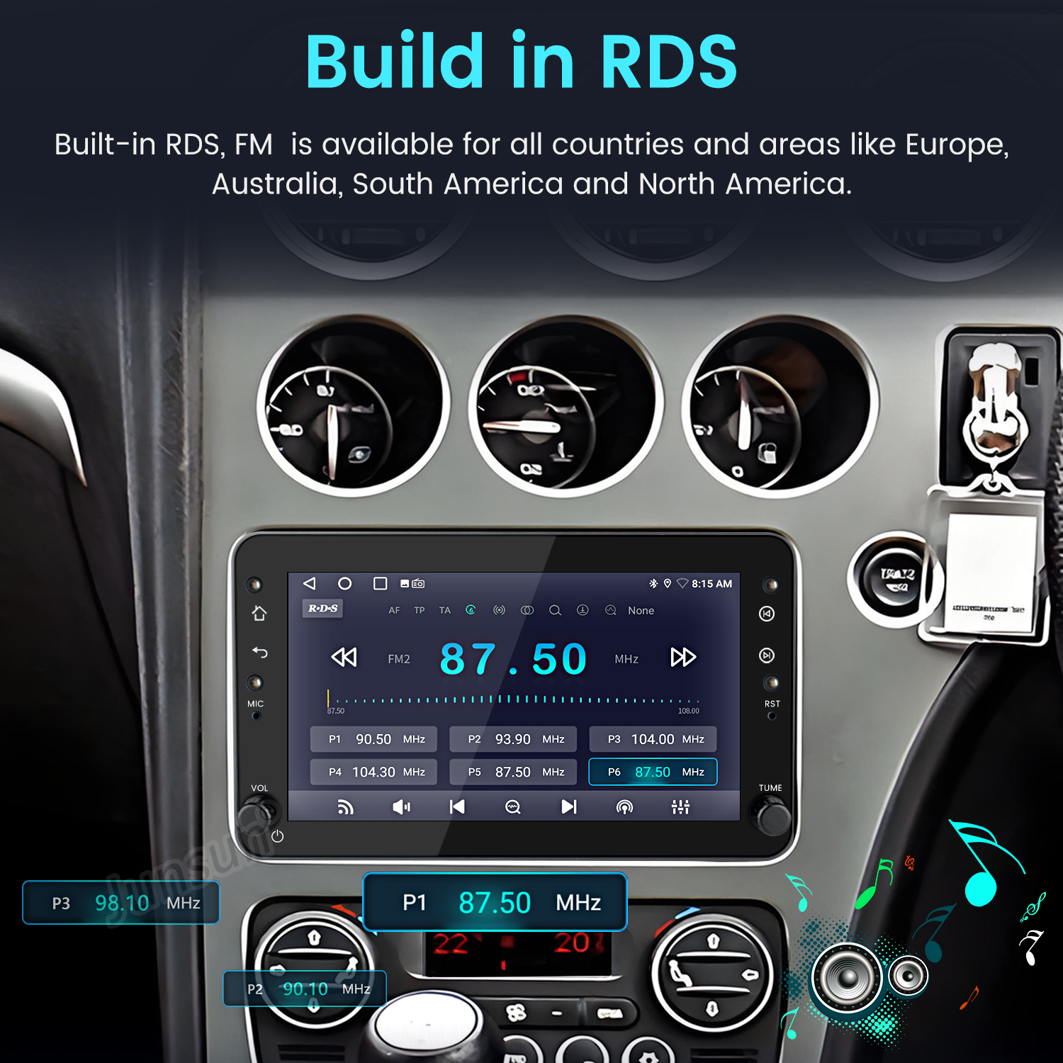 Ekran radia samochodowego wyświetlający 87,50 MHz. Widoczne przyciski i pokrętła. Tło przedstawia szczegóły wnętrza samochodu.