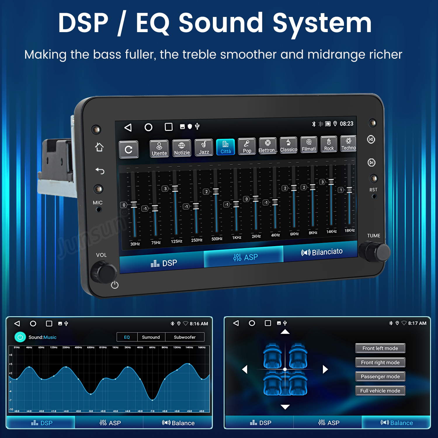Ekran radia samochodowego wyświetlający ustawienia EQ, z suwakami, ustawieniami częstotliwości i opcjami sterowania.