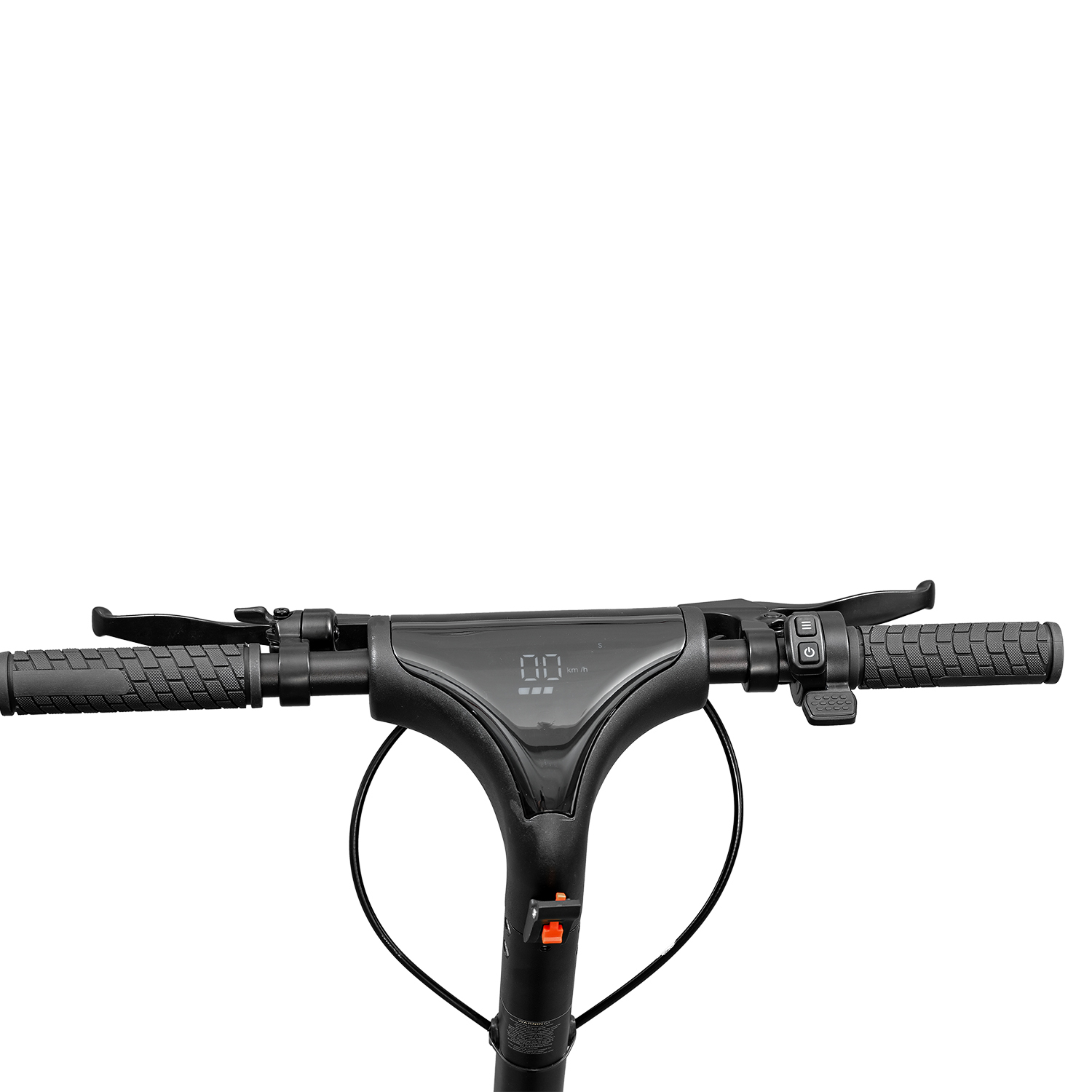 Zbliżenie kierownicy hulajnogi elektrycznej. Czarna, z wyświetlaczem '00'. Uchwyty, dźwignie i przyciski na białym tle.