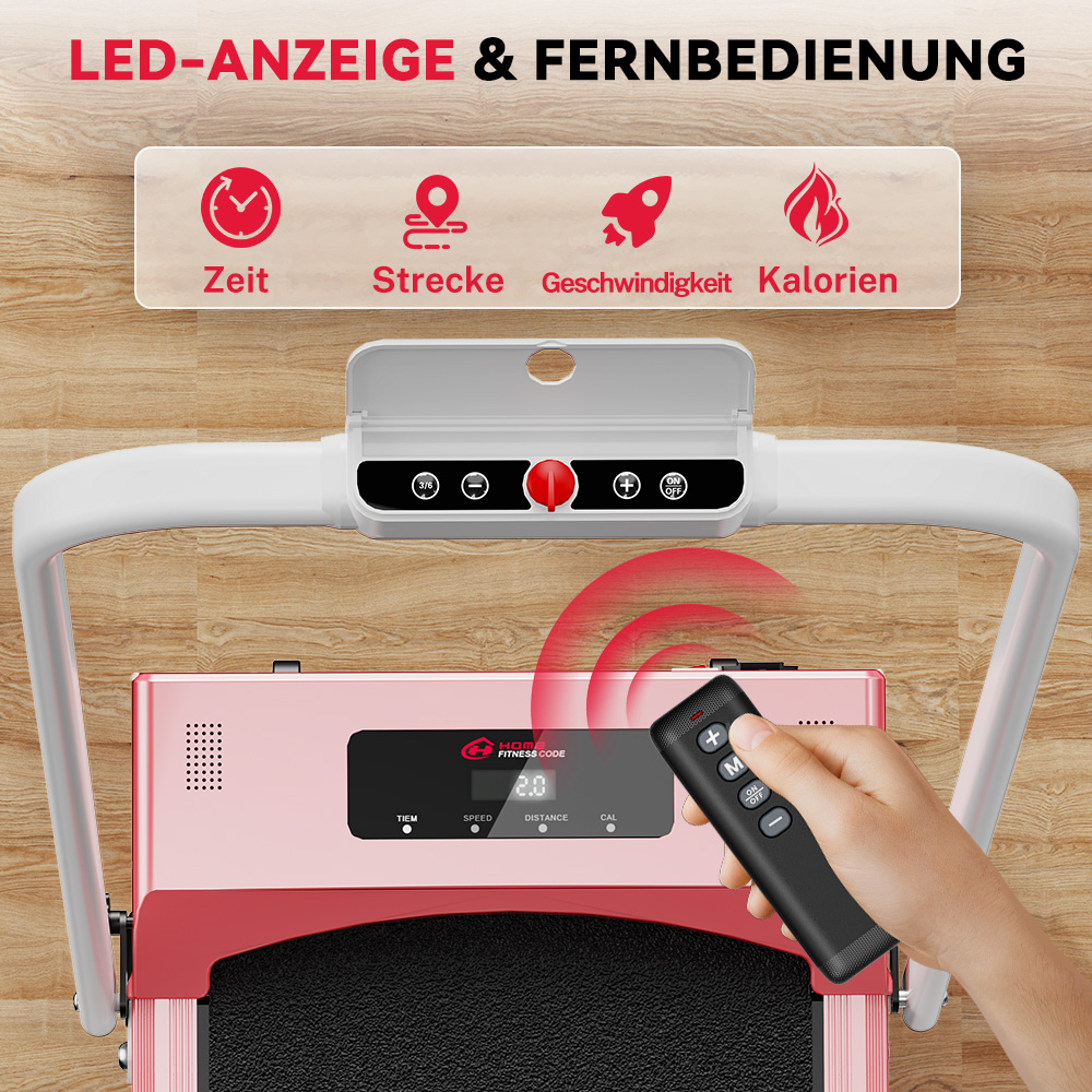 Bieżnia z pilotem. Wyświetlacz pokazuje czas, dystans, prędkość i kalorie. Ręka reguluje. Różowy i czerwony.